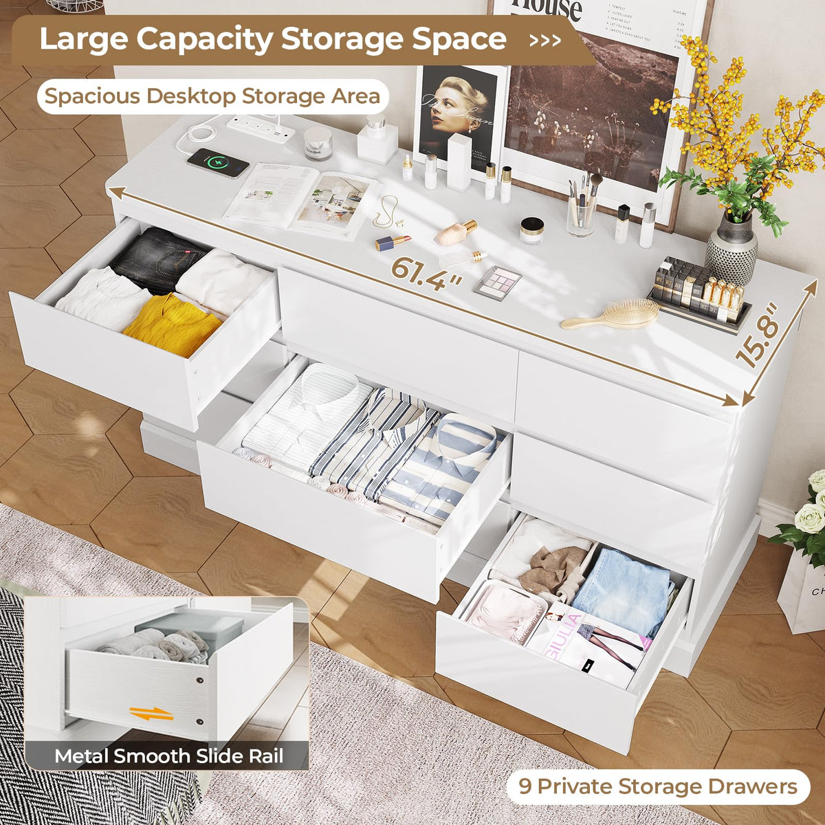 Modern White Dresser with 9 Drawers and Power Outlets