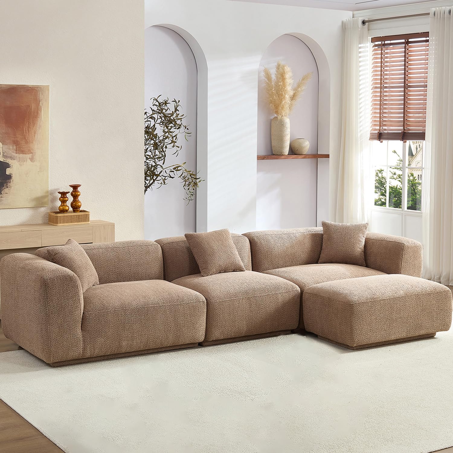 YOPENG 125” Luxury Modular Sectional Couches for Living Room, Modern Minimalist Style Sofa with Ottoman Chaise, Curved L Shape Sofa, Oversized Boucle Fabric Sofas, Camel
