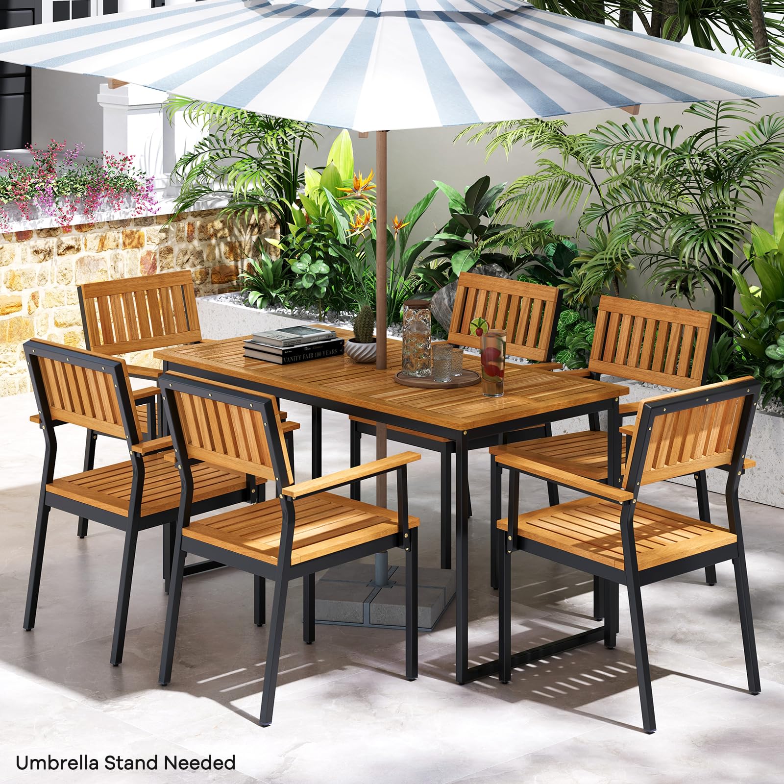 Tangkula 7 Piece Outdoor Dining Set for 6, Acacia Wood Rectangular Dining Table & 6 Armchairs w/Metal Frame, Umbrella Hole, Farmhouse Dining Furniture Set for Garden Porch Poolside Yard