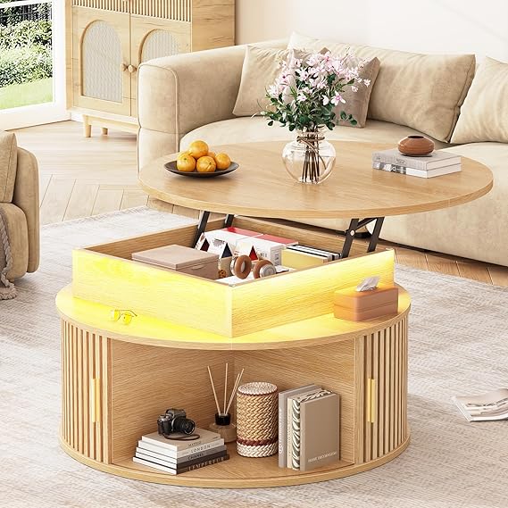 31.5" Lift Top Coffee Table with Storage and LED Lighting