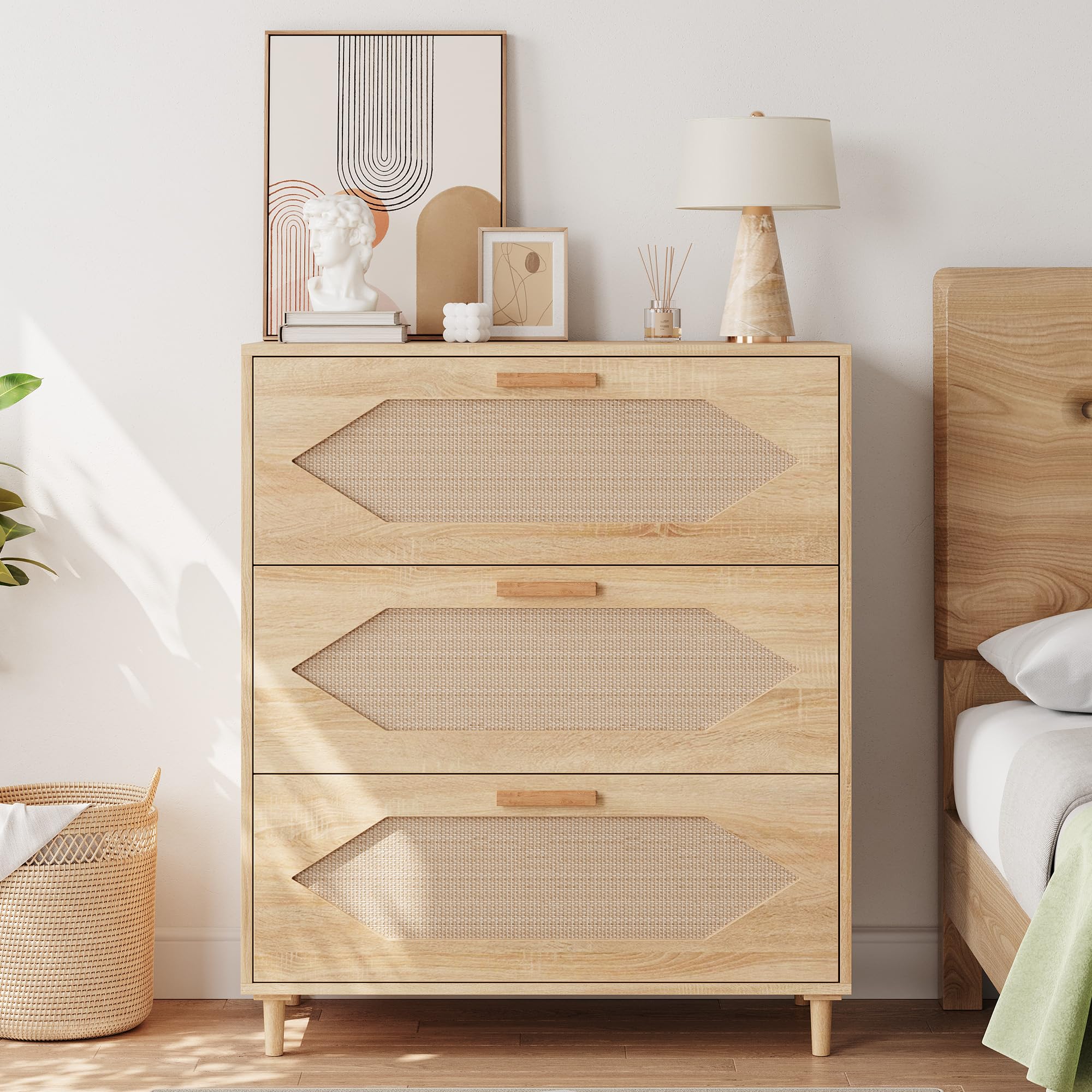 3 Drawer Rattan Dresser with Oak Finish