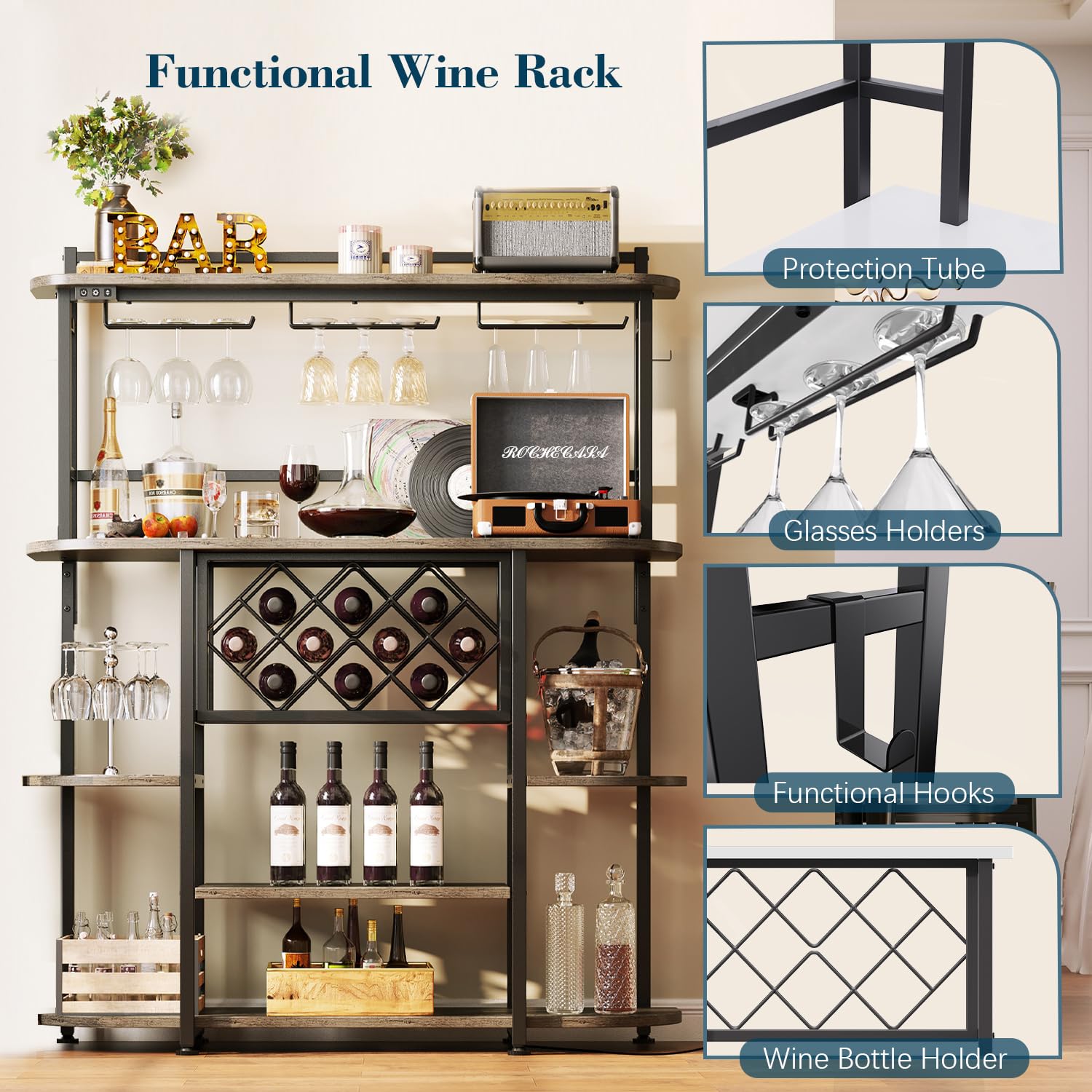 6-Tier Wine Rack with LED Light and Glass Holder