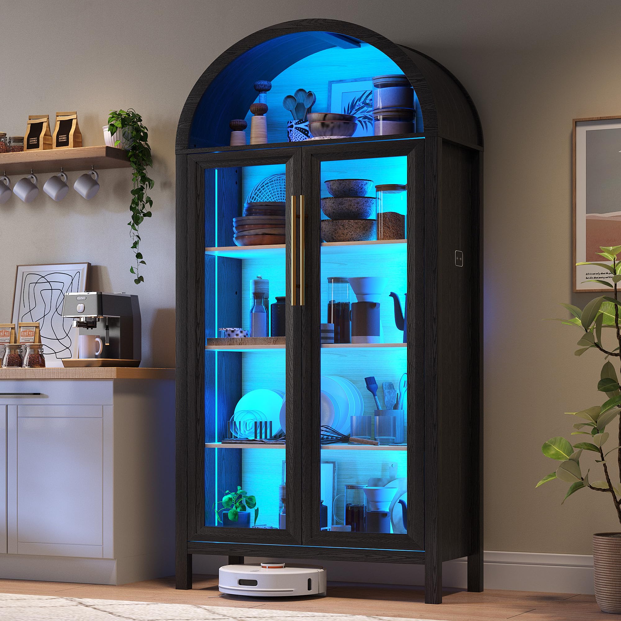Arched Kitchen Pantry Cabinet with Glass Doors and LED Lights