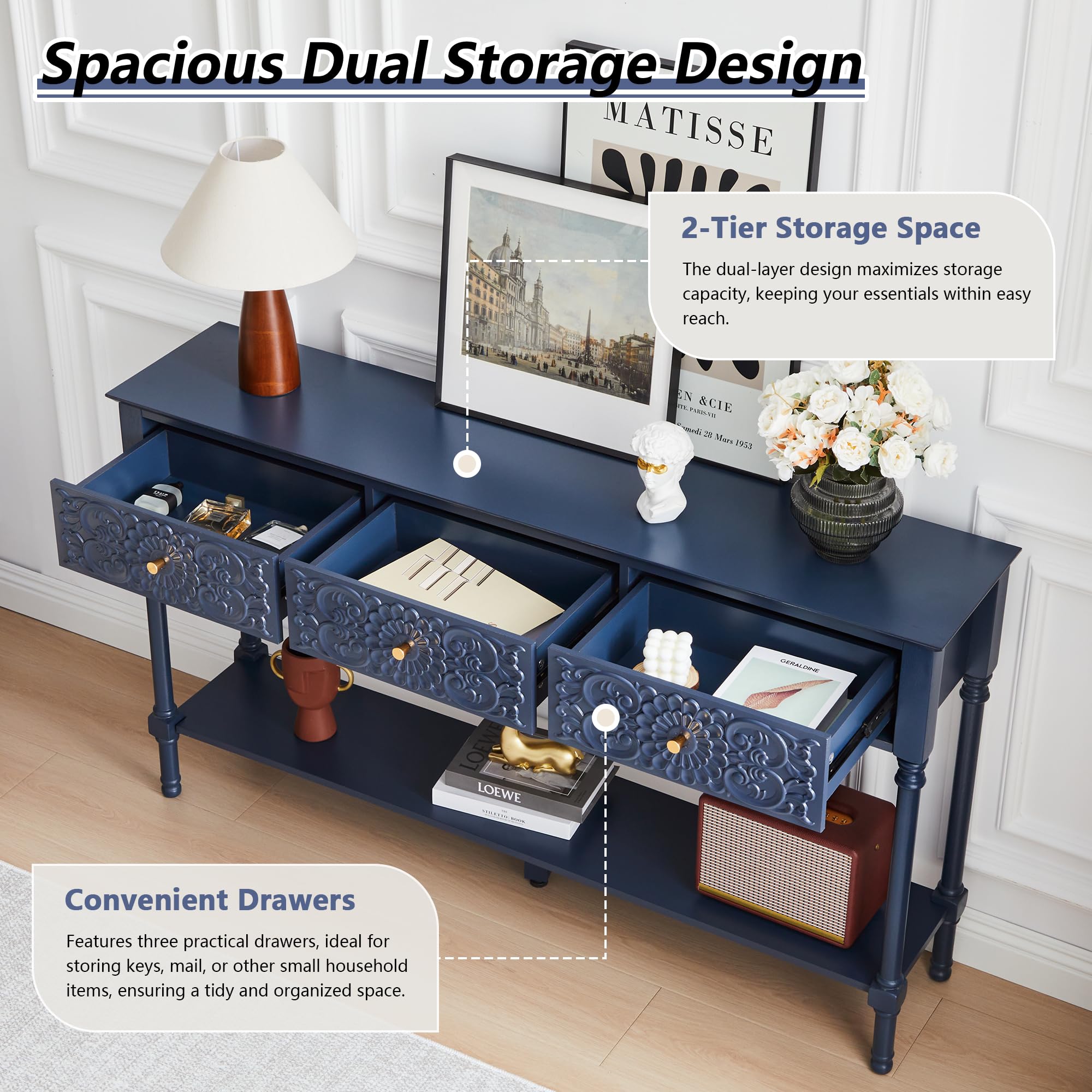 55.5" Carved Console Table with 3 Drawers