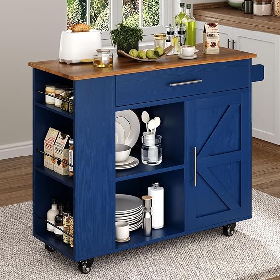 Kitchen Island on Wheels with Storage and Barn Door Cabinet