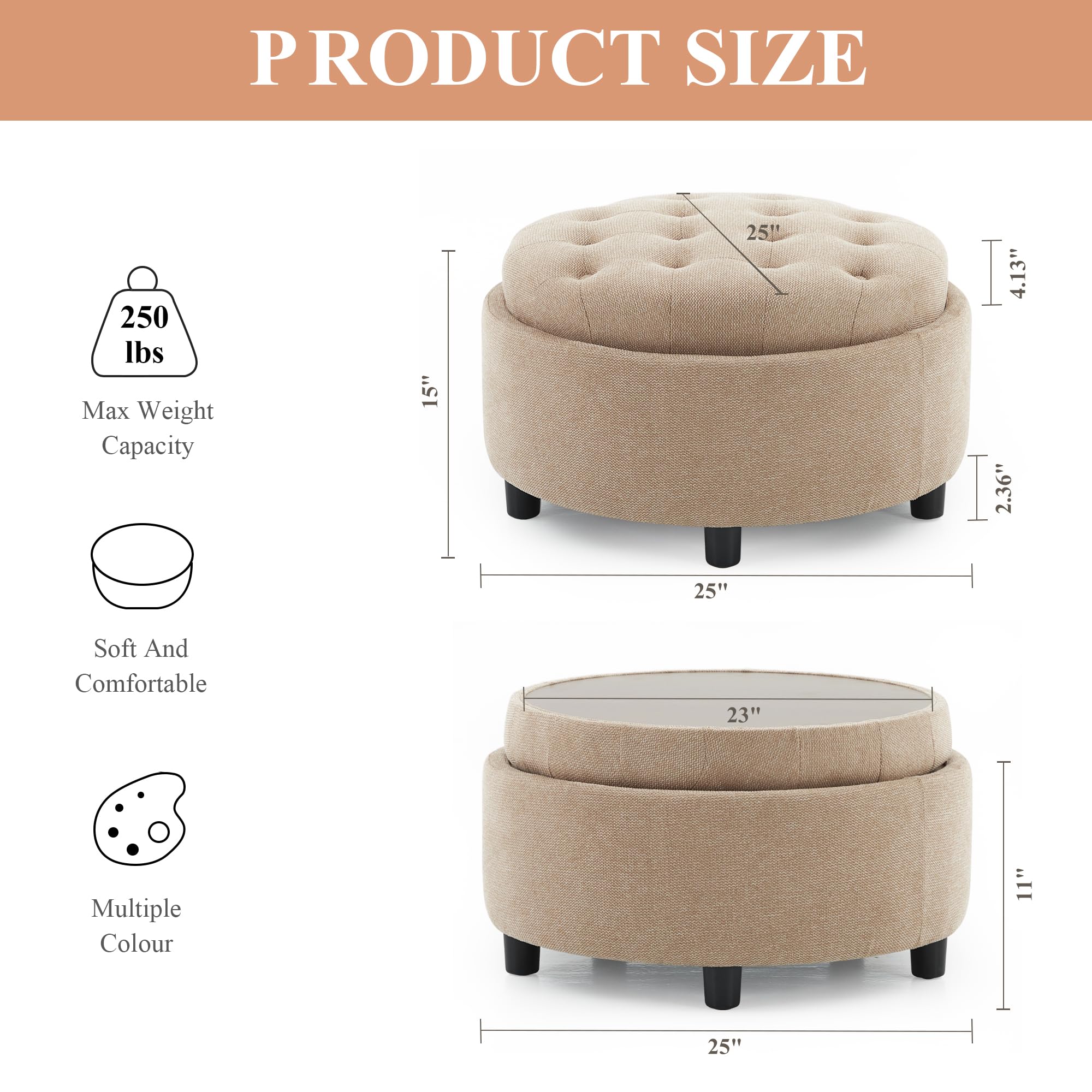 Round Storage Ottoman with Reversible Tray Lid