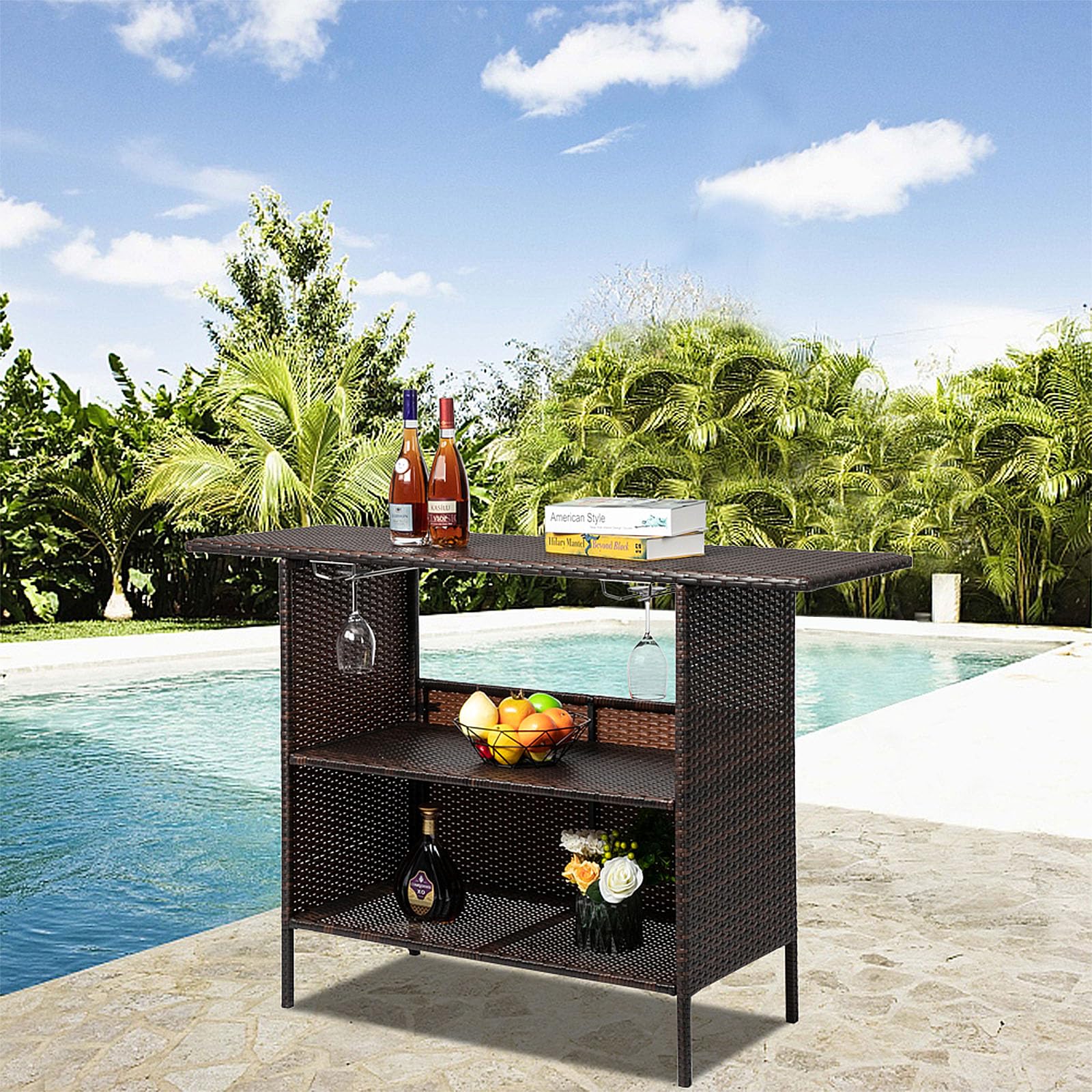 Outdoor Bar Counter Table with Storage Shelves and Wine Racks