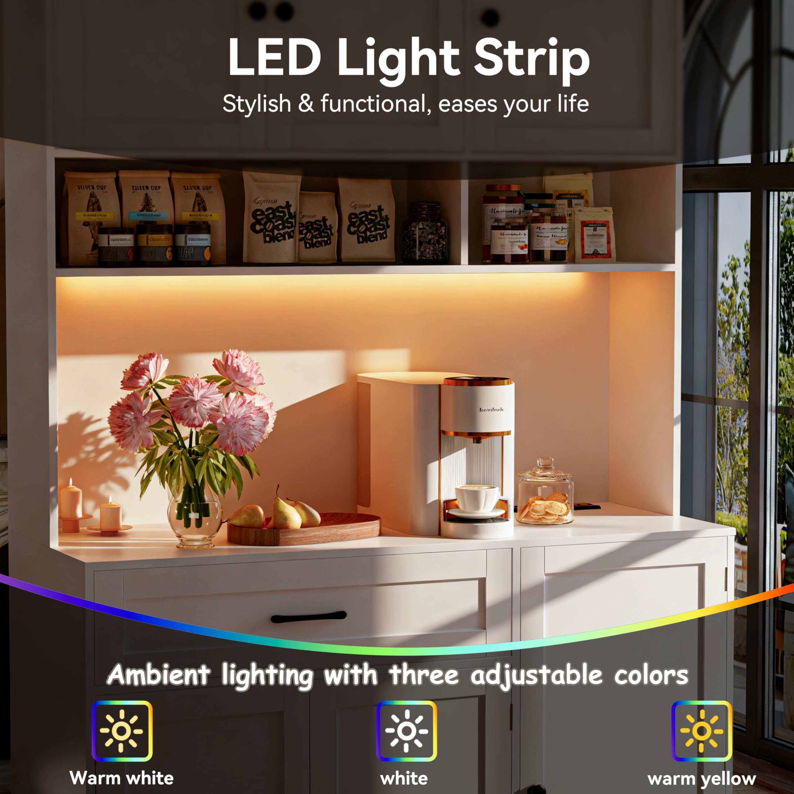 Kitchen Pantry Cabinet with LED Light and Charging Station