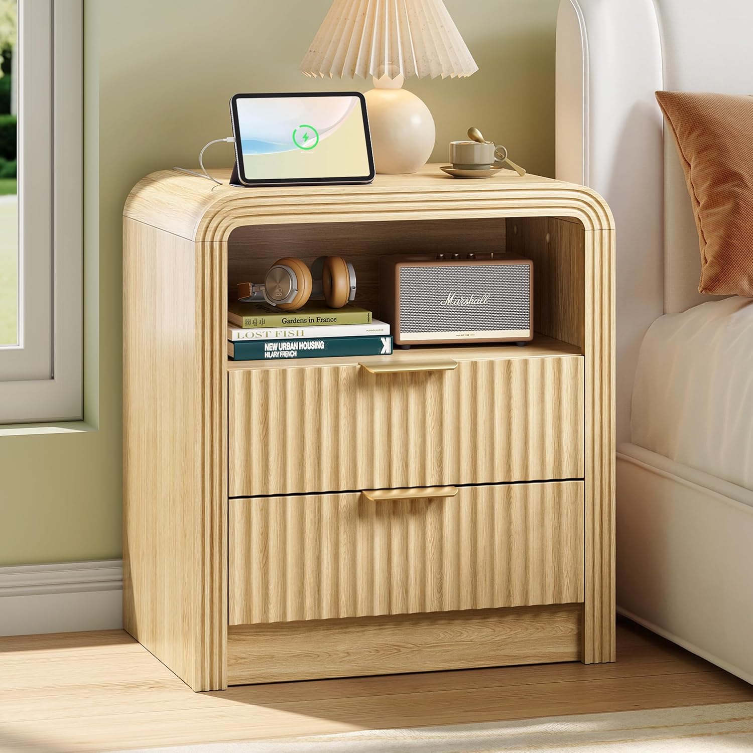 Fluted Nightstand with Charging Station