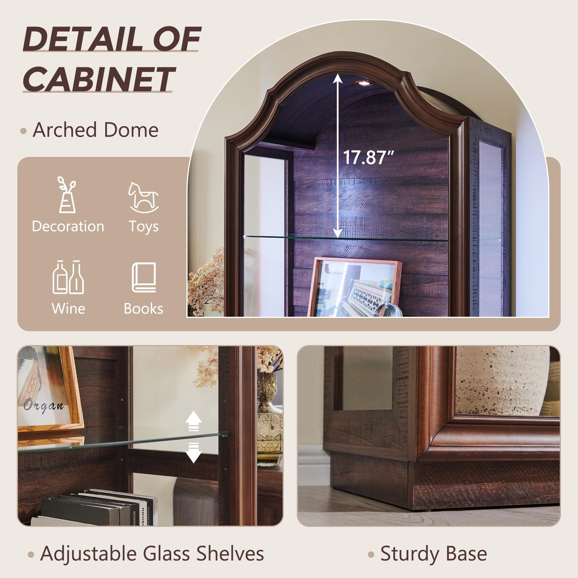 Arched Glass Display Cabinet with LED Lights
