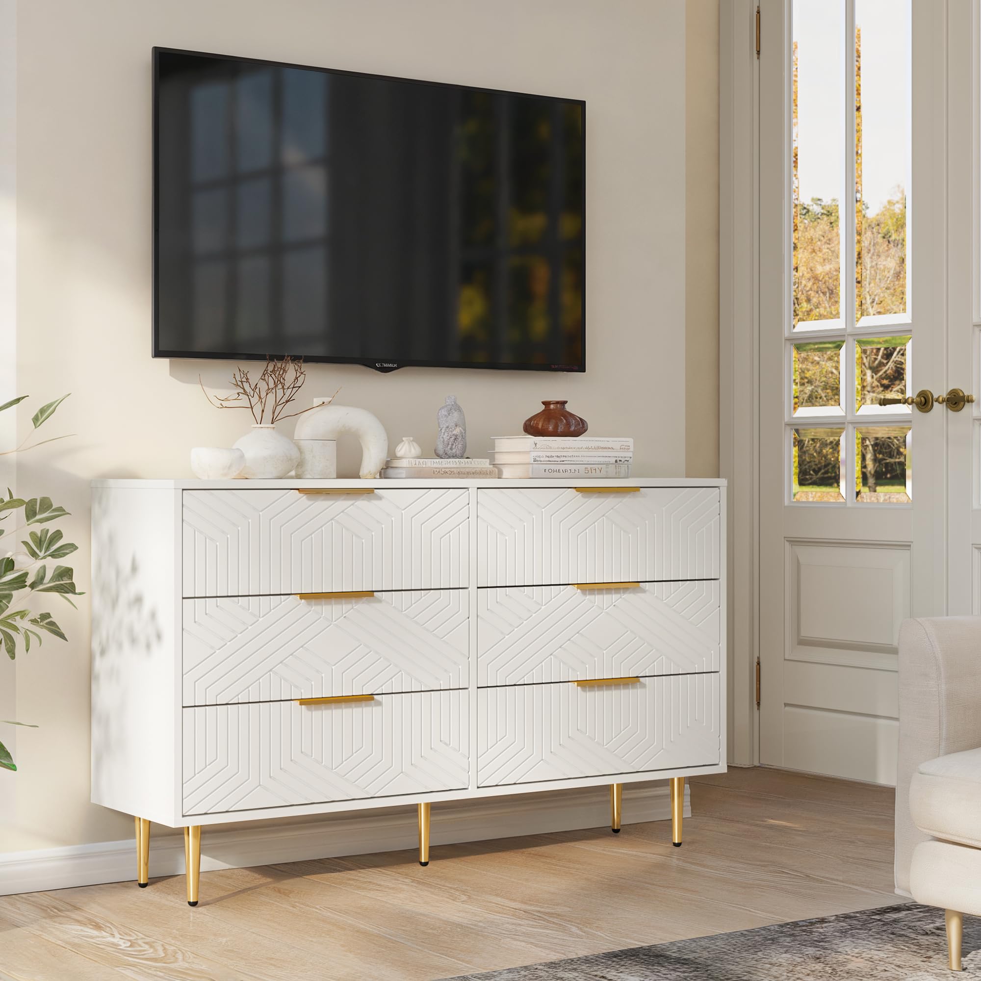 6 Drawer White and Gold Dresser