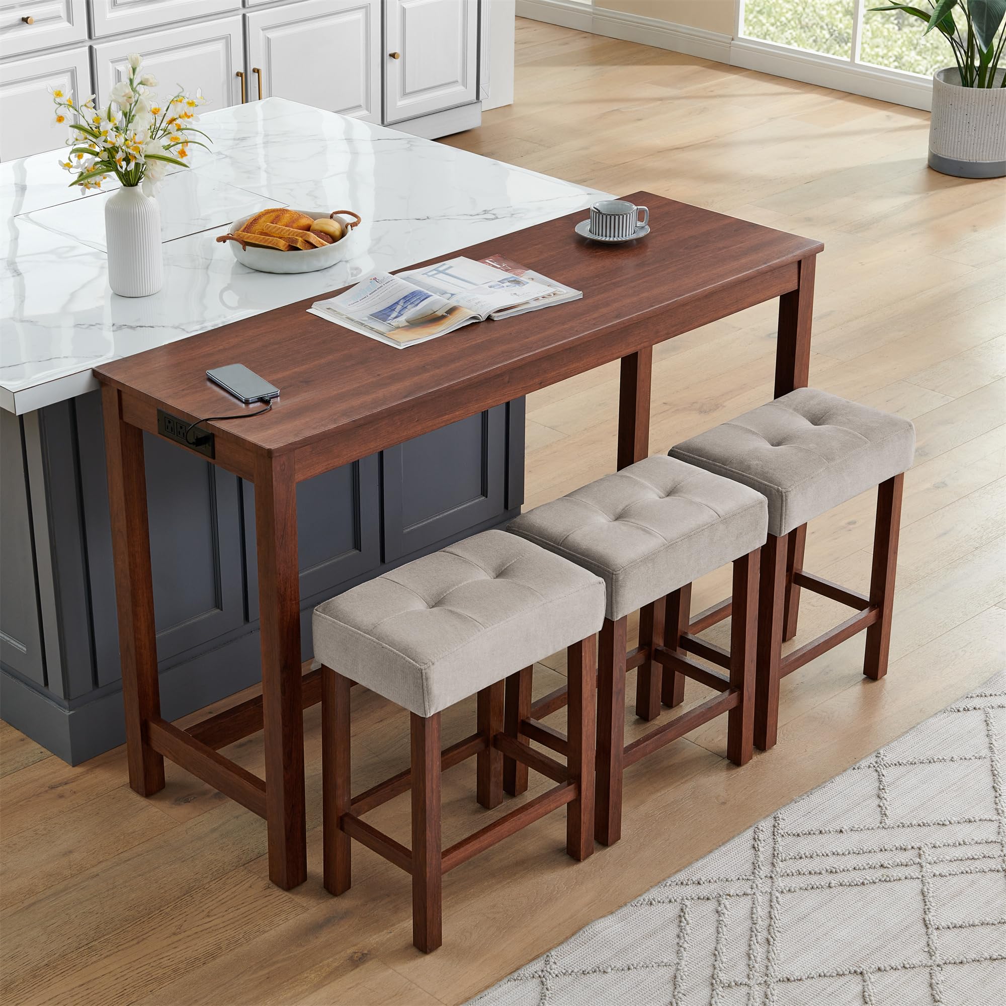 Counter Height Bar Table Set with Power Outlet