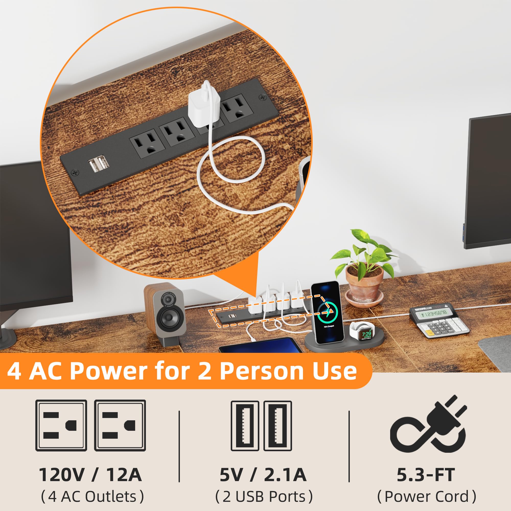 T-Shaped 2 Person Desk with Power Outlet and LED Lights