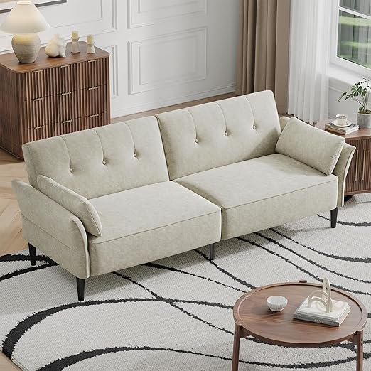 Convertible Futon Sofa Bed with Adjustable Backrest and Armrests