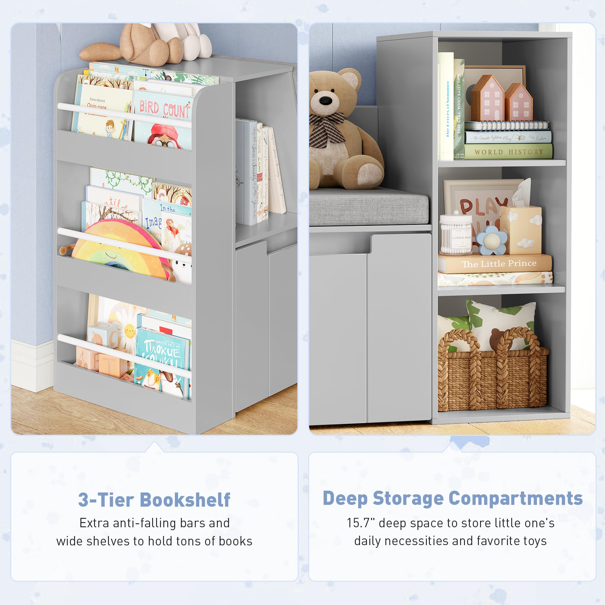 BOTLOG 61.5" Kids Reading Nook with 3-Layer Bookshelf, Reading Nook for Kids with Double Bench and Rolling Drawers, Bookshelf and Toy Storage for Nursery, Playroom (Gray)