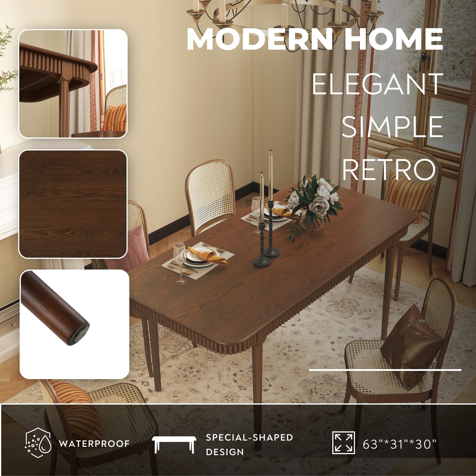 63 Inch Solid Wood Dining Table for 4-6