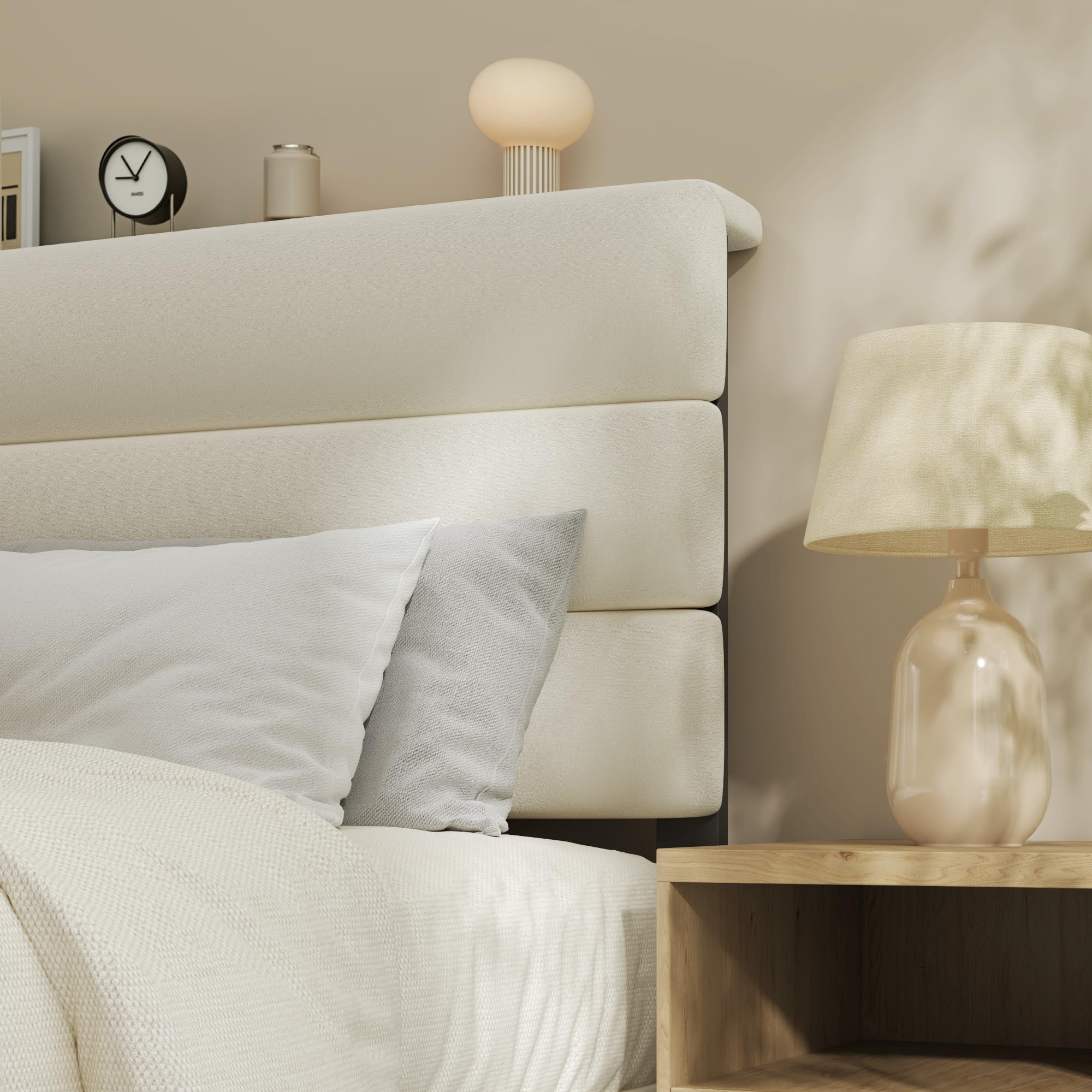 Queen Platform Bed Frame with Velvet Upholstered Headboard
