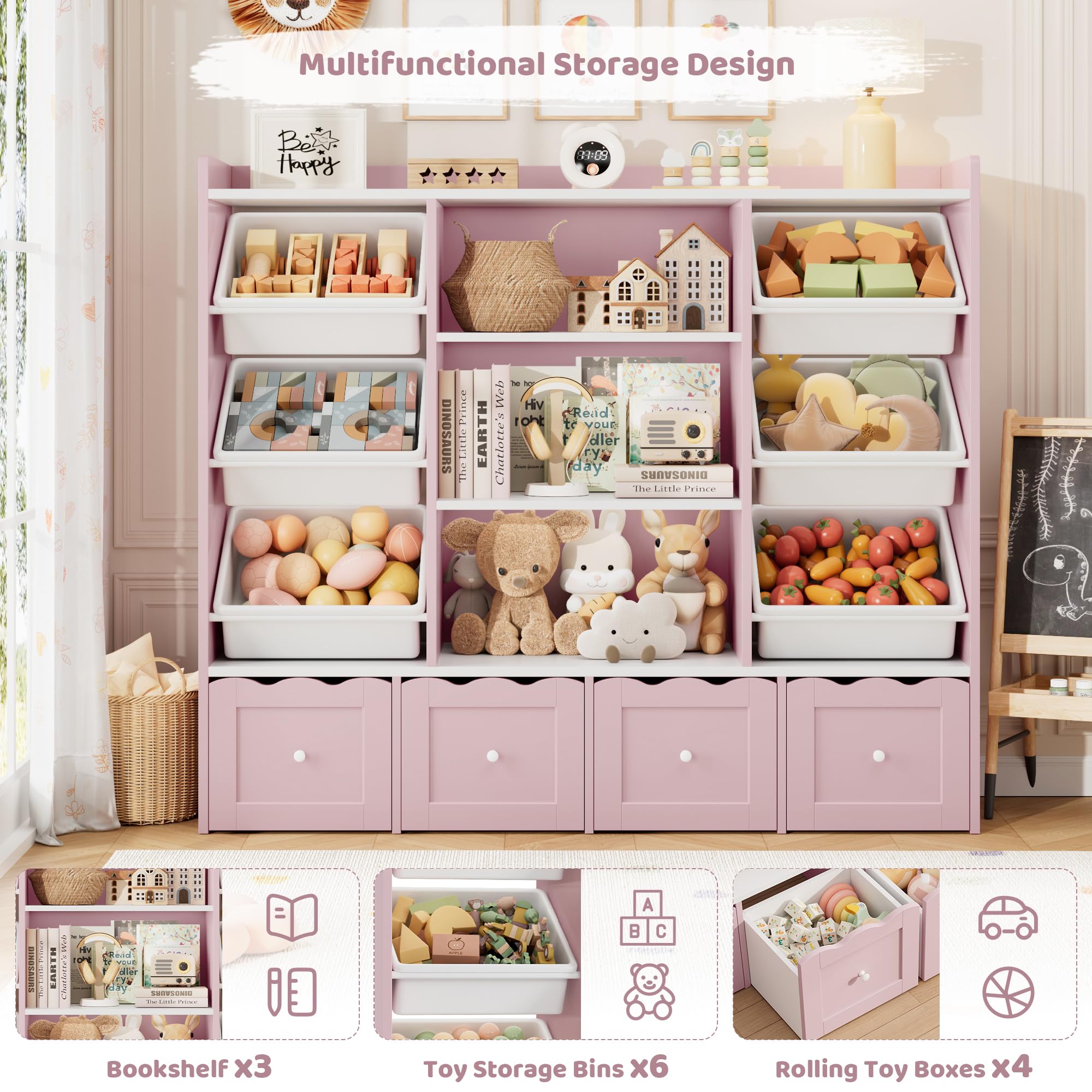 Kids Toy Storage Organizer with Bookshelf and Rolling Drawers