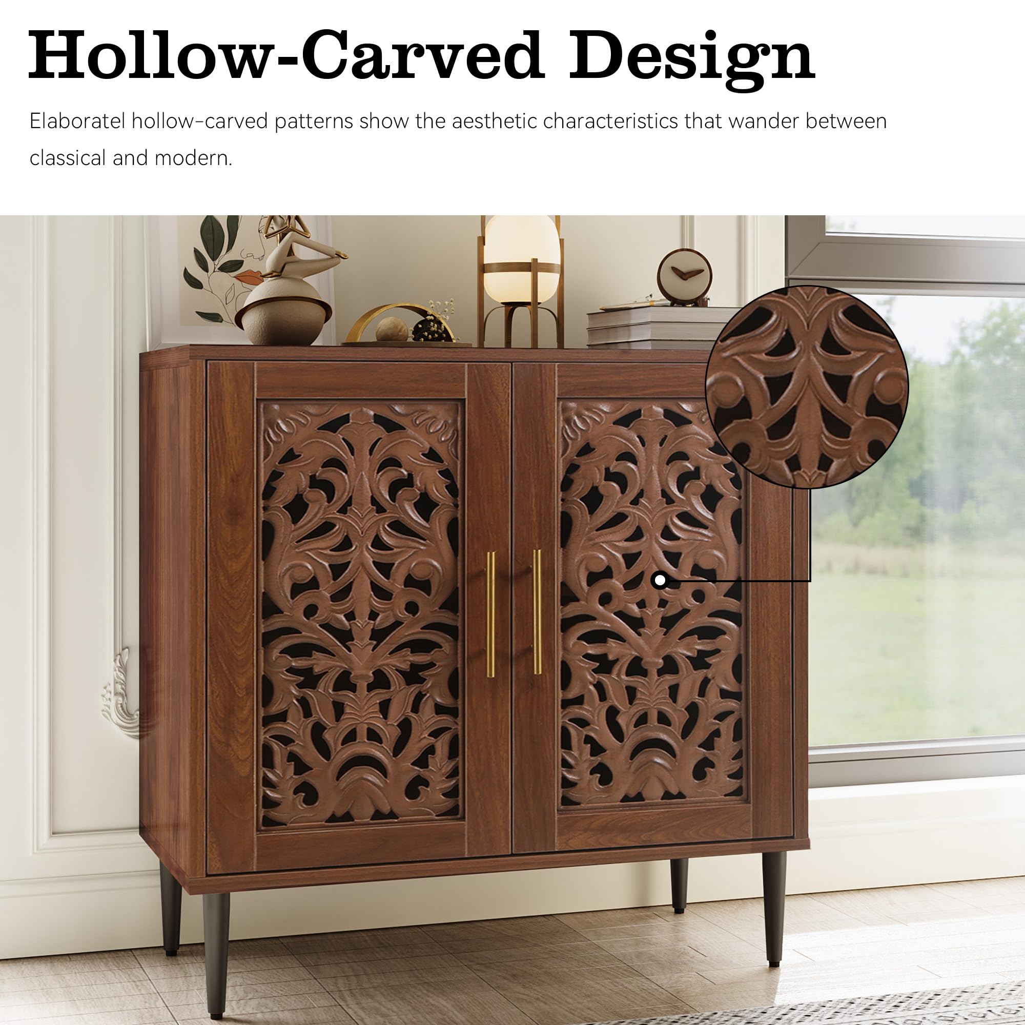 Vintage Hollow Carved Buffet Cabinet with Storage