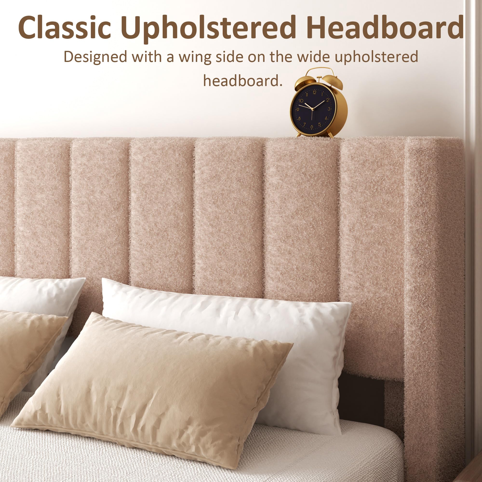 wirpexhowak King Bed Frame with Headboard Upholstered Platform Bed Frame with Teddy Velvet Headboard, Wooden Slats Support/Wing Edge Design/No Box Spring Needed/Easy Assembly, Brown King