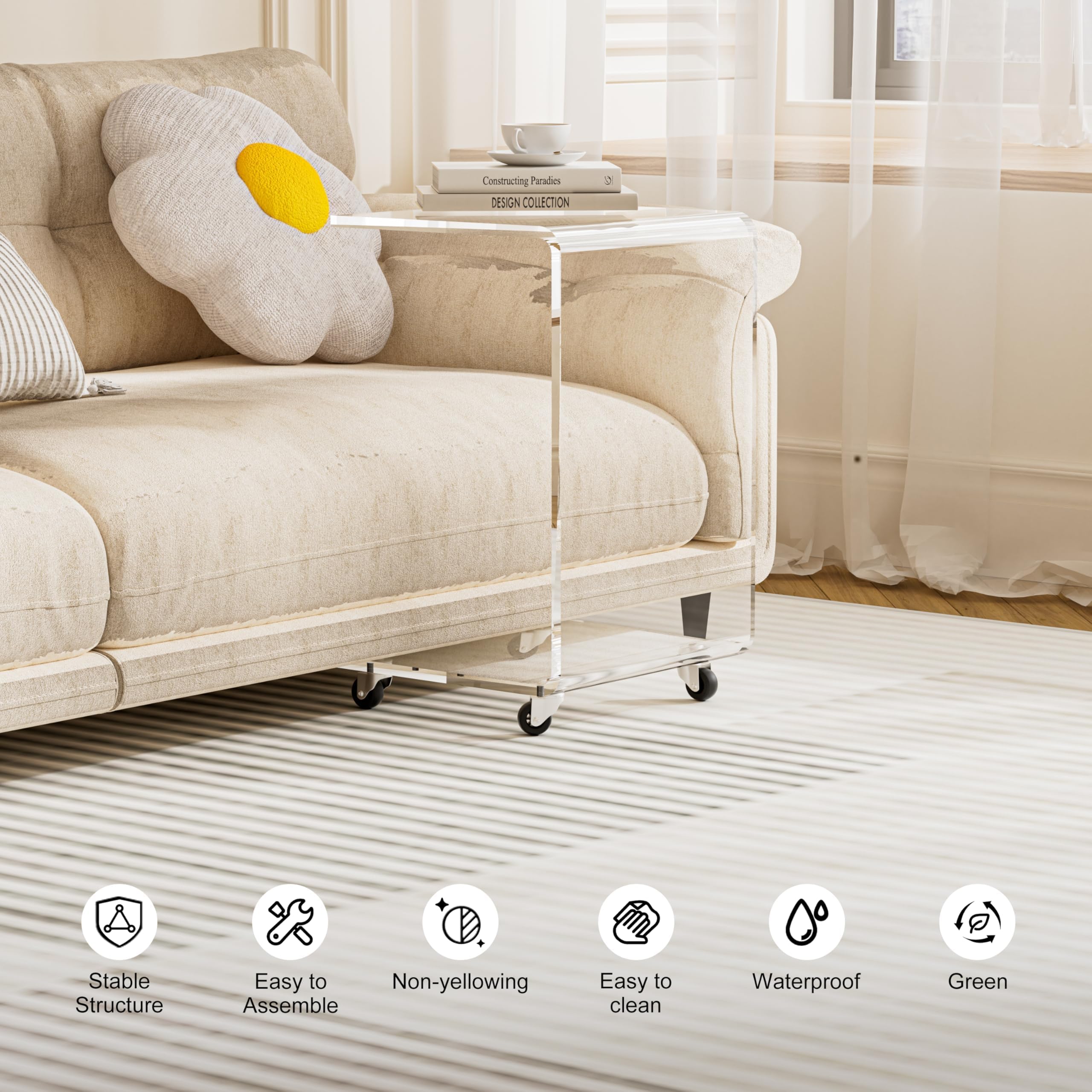 Acrylic C-Shaped Side Table with Wheels