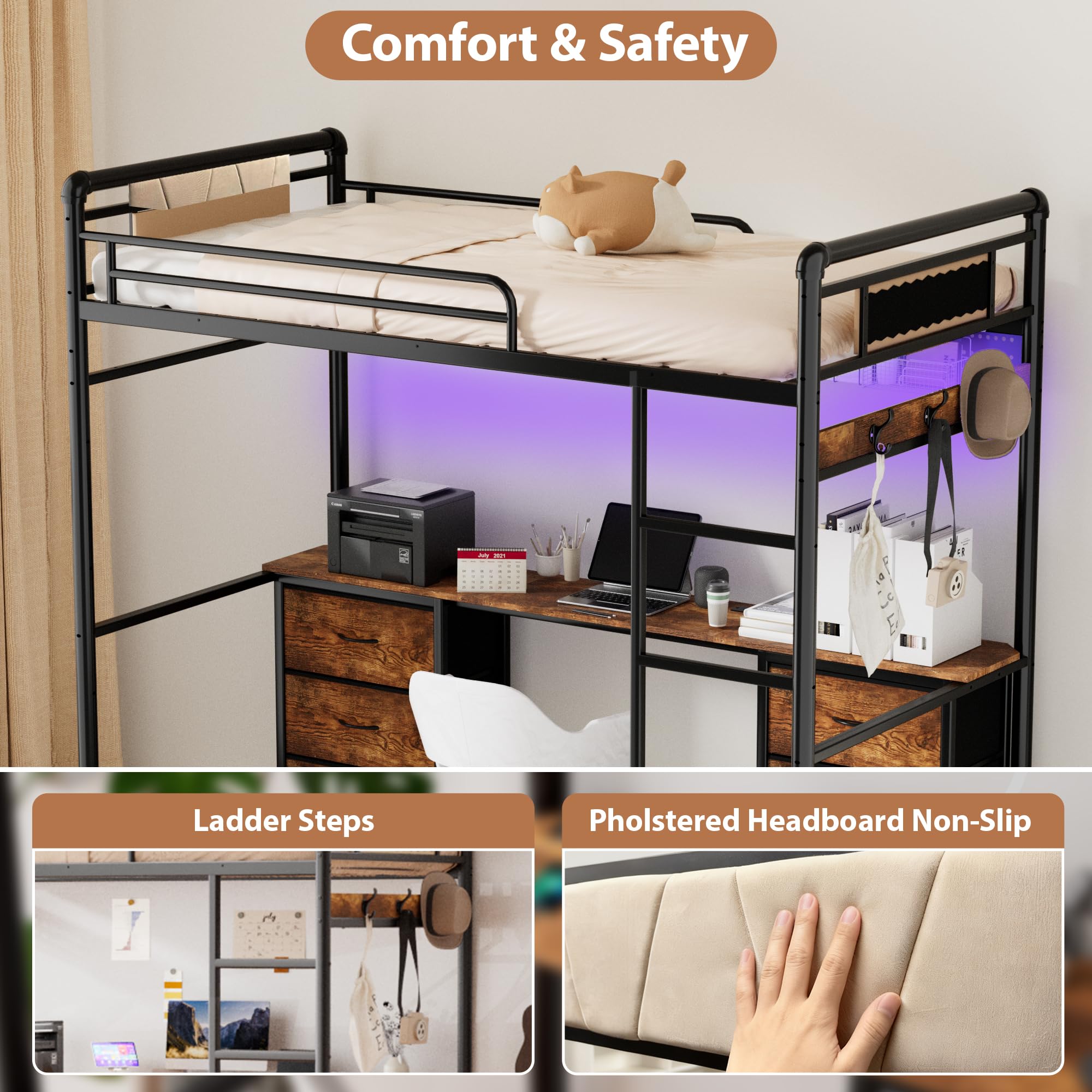 Twin Metal Loft Bed with Desk and Stairs
