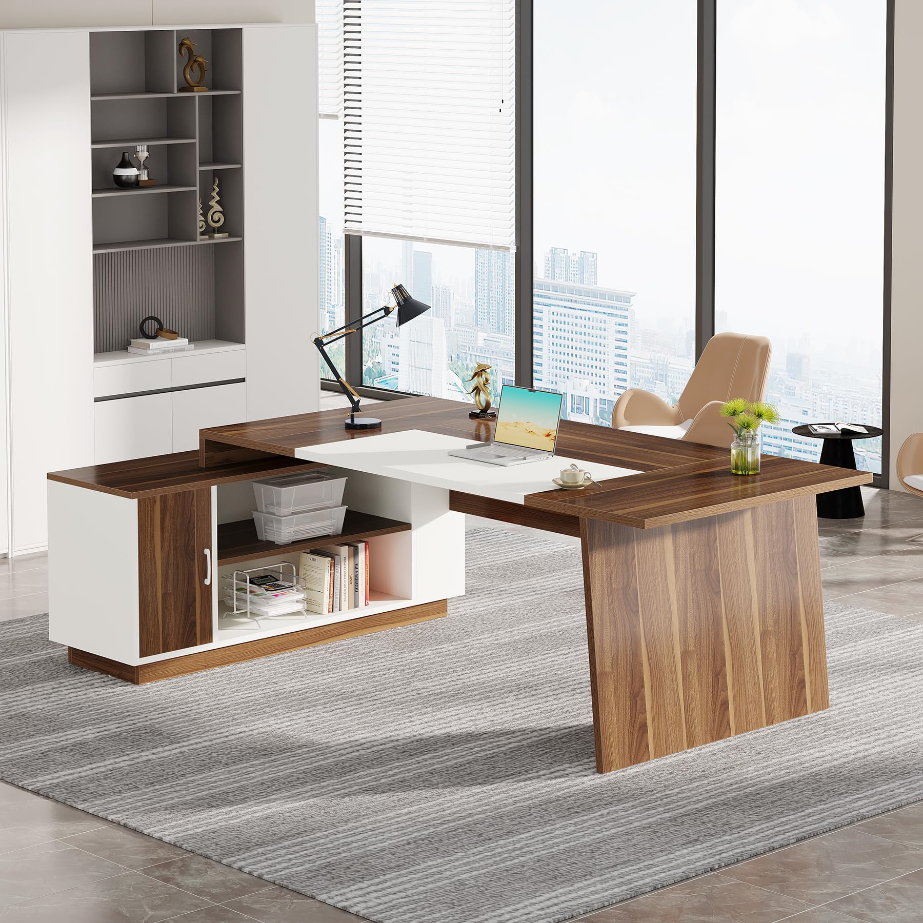 L-Shaped Executive Office Desk with Storage Cabinet and Shelves