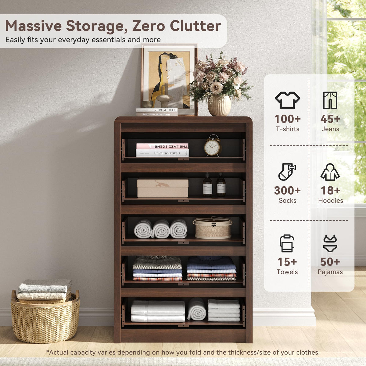 48" Fluted 5-Drawer Dresser with Curved Profile and Handleless Design