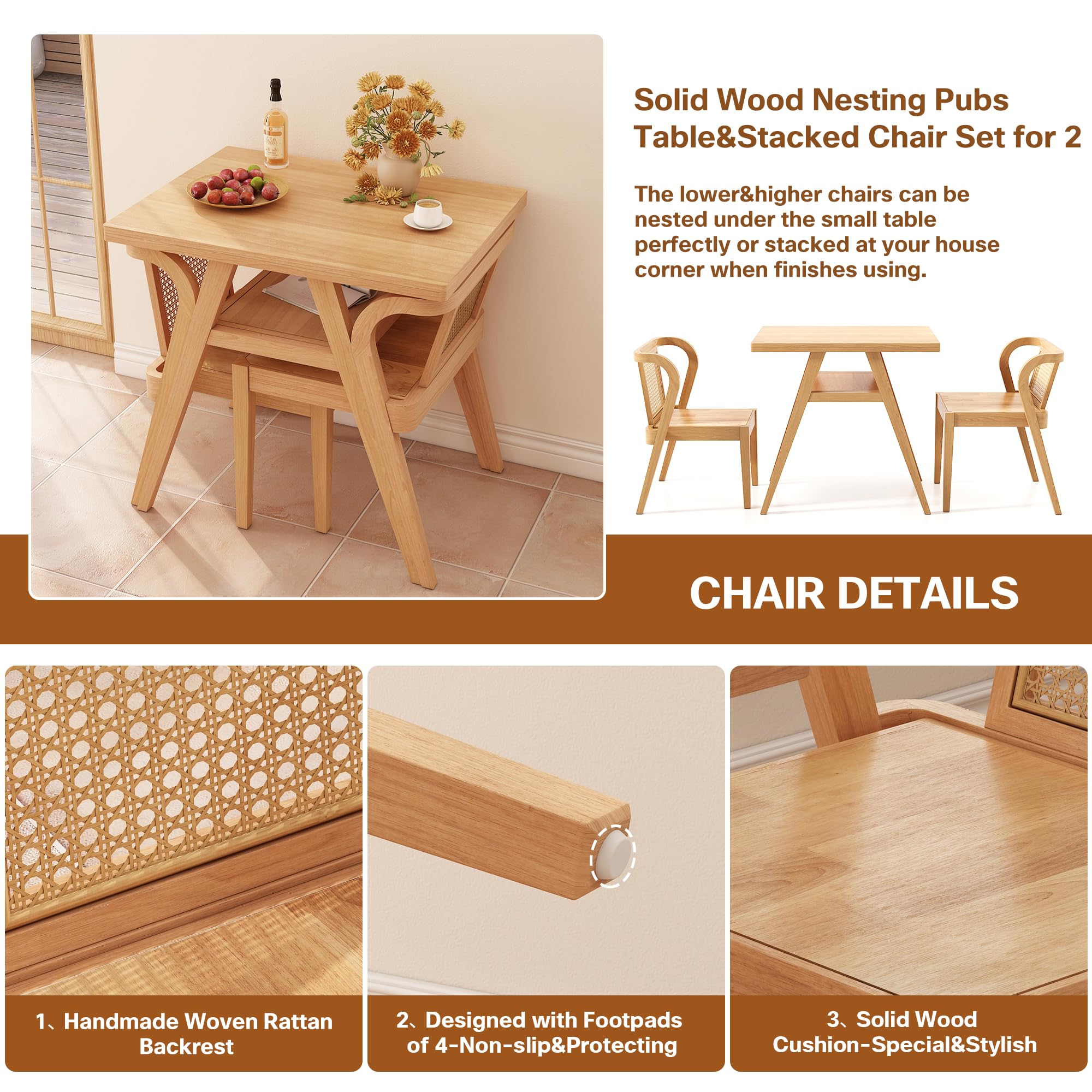 Bistro Stacking Table Chair Set of 3 with Rattan Backrest