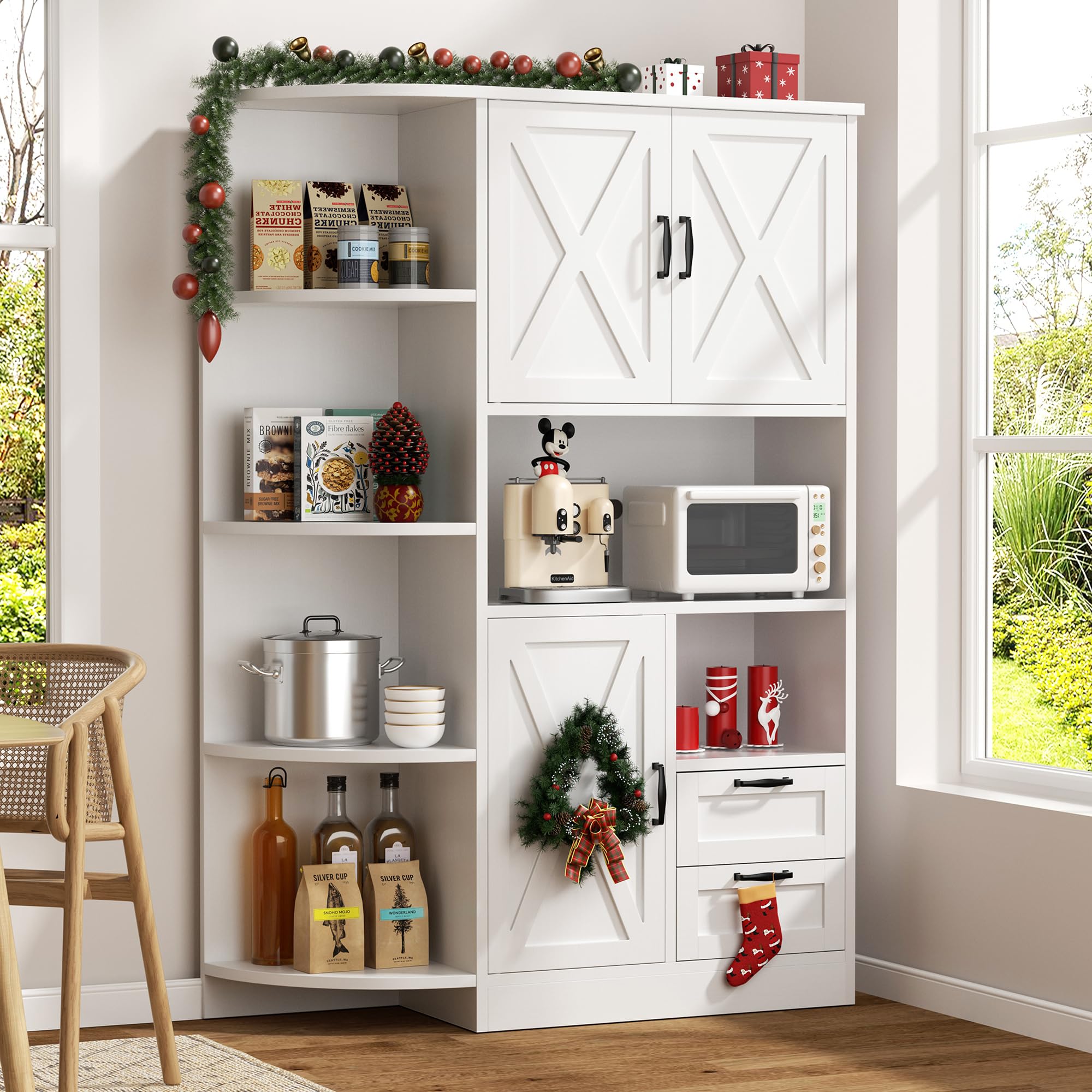 Farmhouse Kitchen Pantry Storage Cabinet with Microwave Shelf