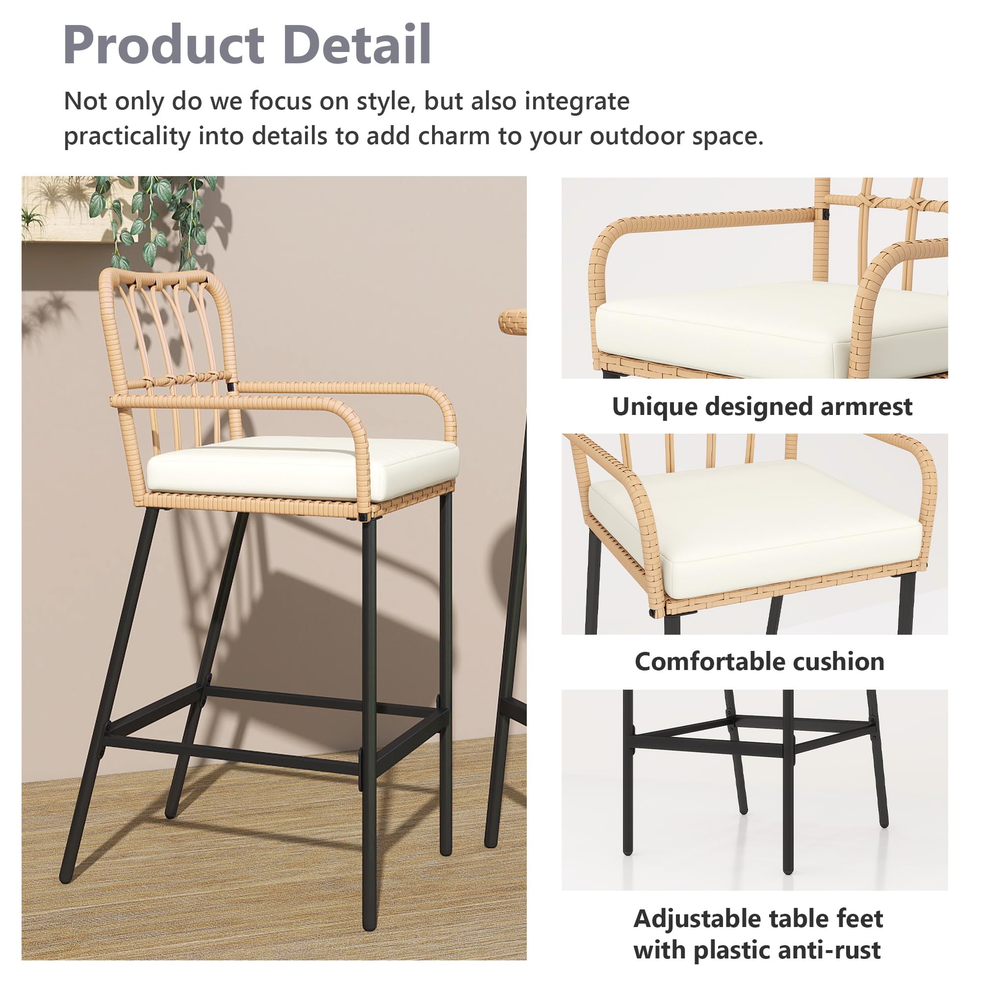 3-Piece Wicker Outdoor Bar Set with Stools