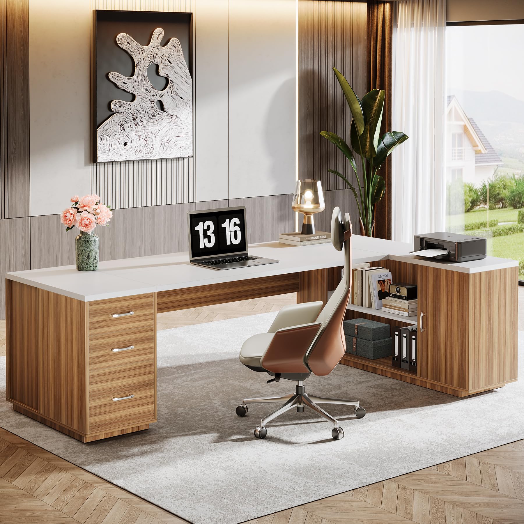 L-Shaped Executive Office Desk with File Drawers and Storage Cabinet