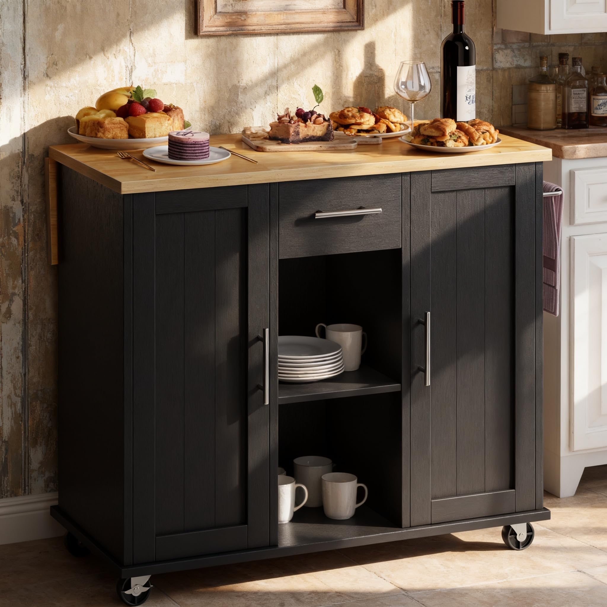 Rolling Kitchen Island Cart with Wheels and Drop Leaf