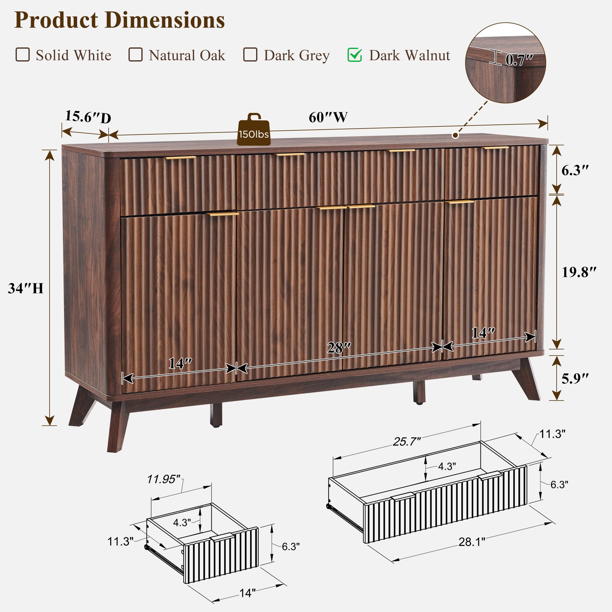 60" Fluted Buffet Sideboard Cabinet with 3 Drawers and 4 Doors