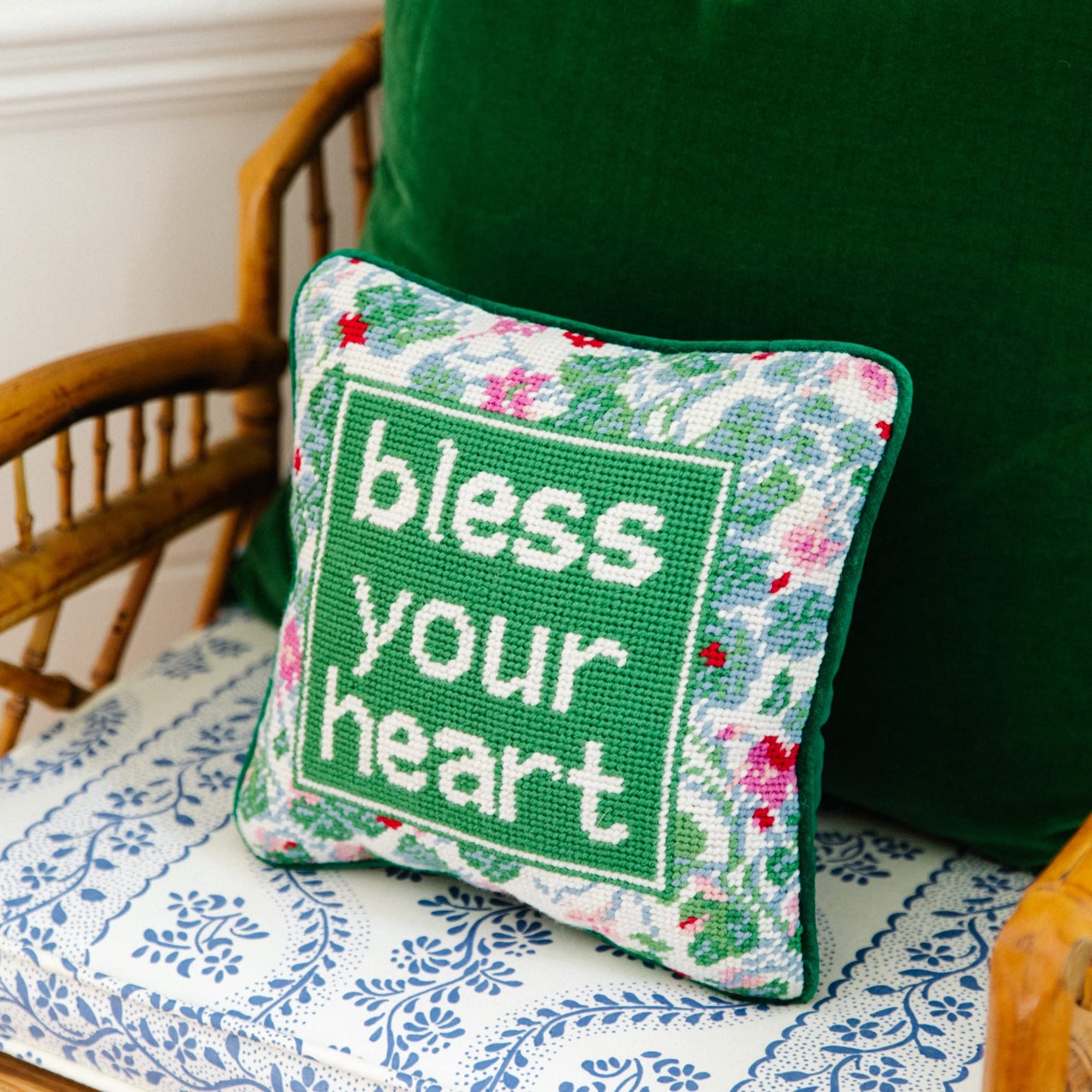 Needlepoint Throw Pillow - Bless Your Heart - 10x10 Decorative Accent