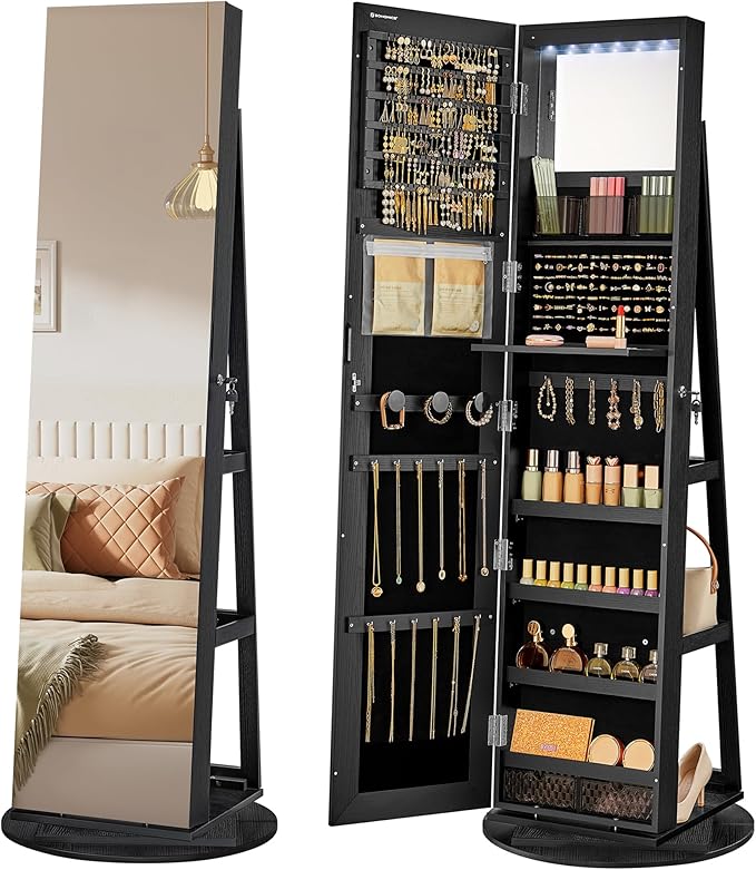 6 LED Lockable Mirror Jewelry Cabinet with 360° Swivel