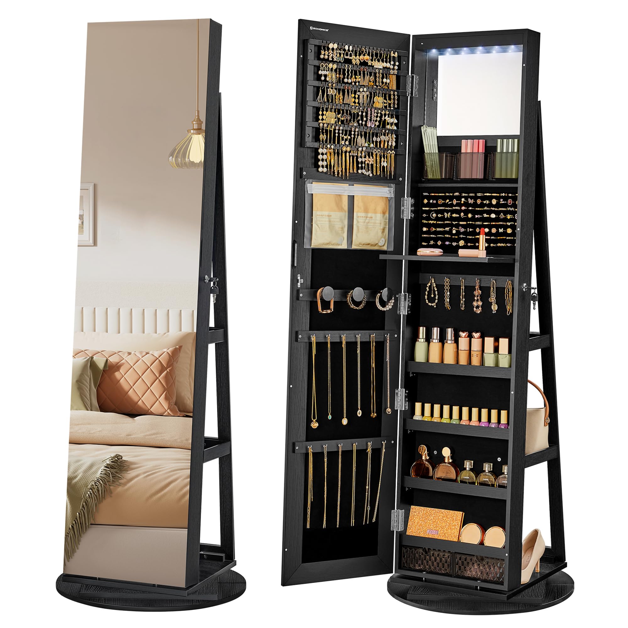 6 LED Lockable Mirror Jewelry Cabinet with 360° Swivel
