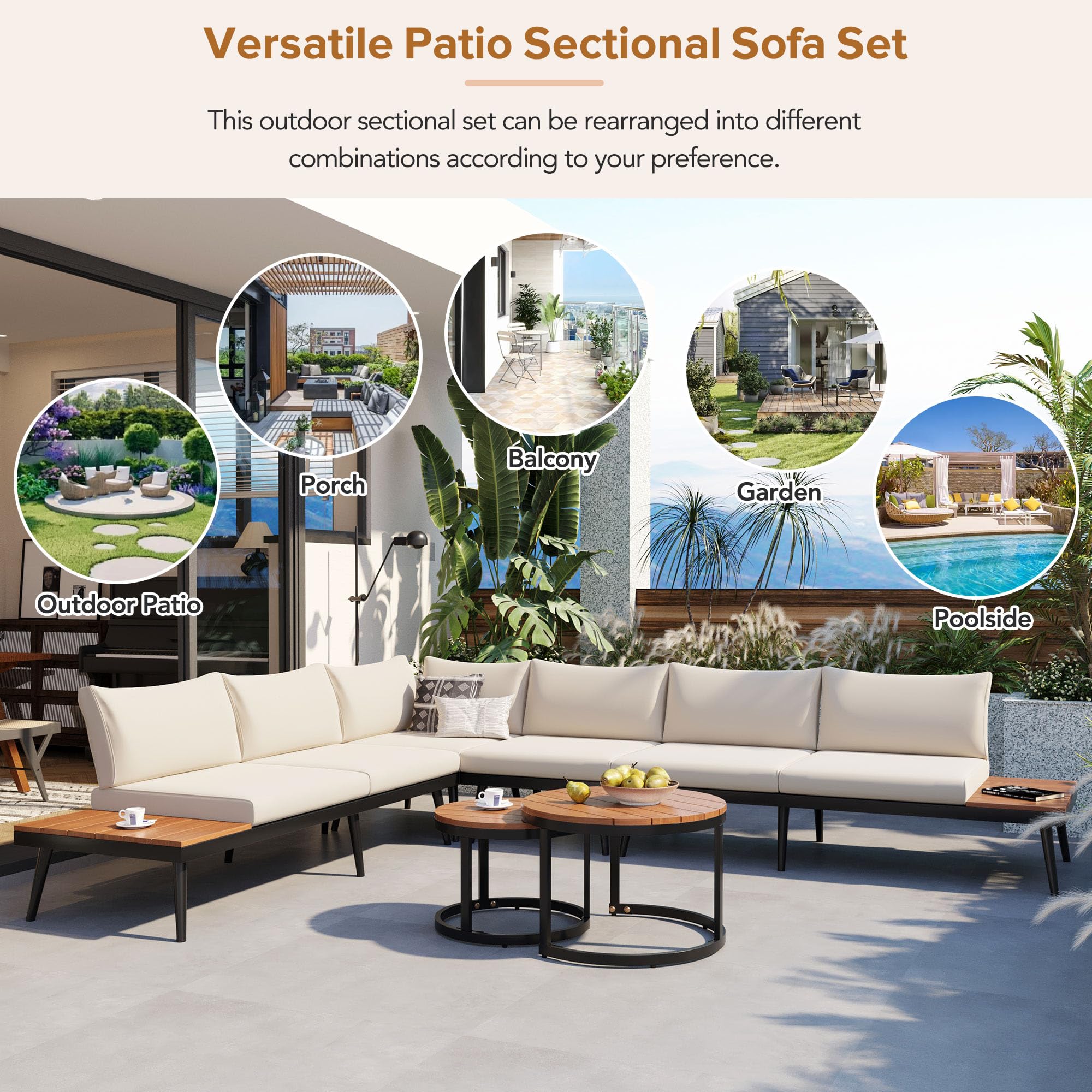 6-Piece Outdoor Sectional Sofa Set with Nesting Coffee Tables