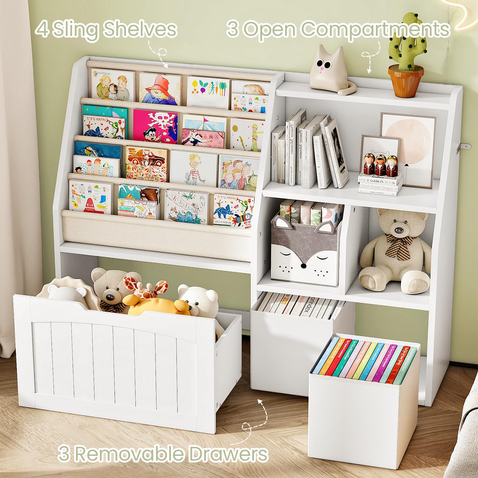 Kids Bookshelf with Toy Storage and Fabric Baskets