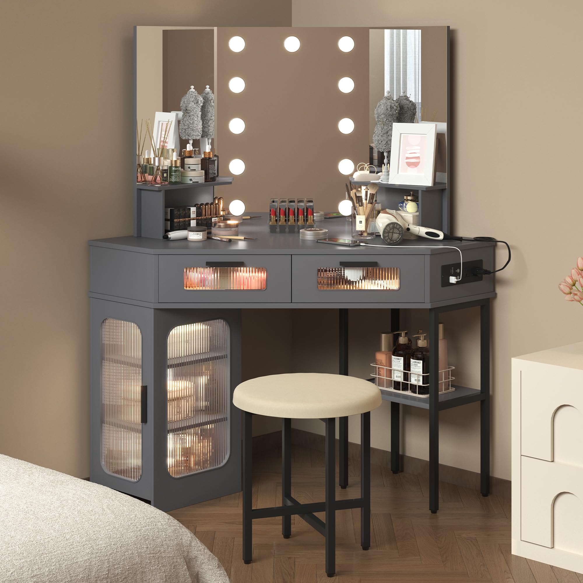 Corner Makeup Vanity Desk with Hollywood Mirror and Lights