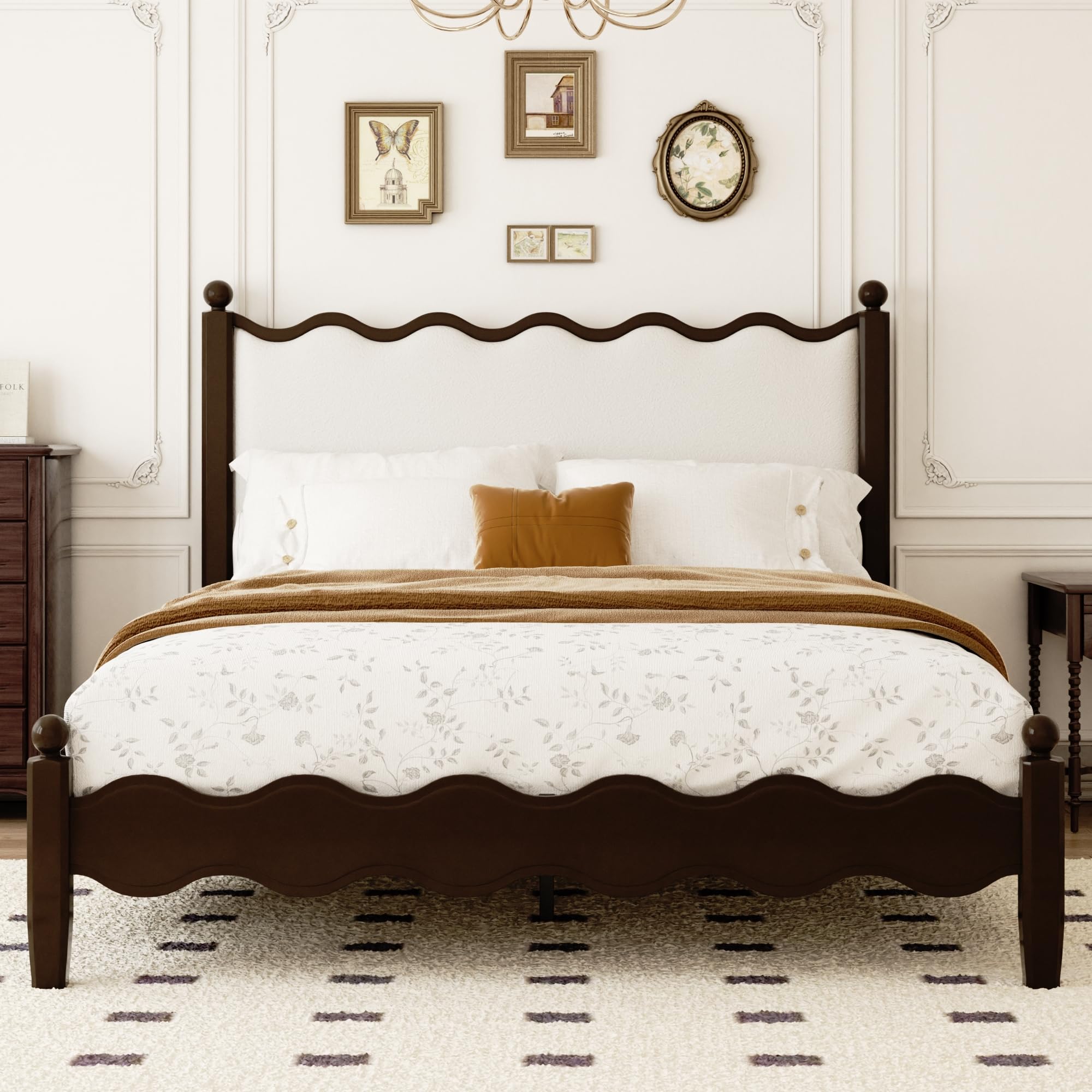 Queen Bed Frame with Vintage Wave Headboard 48" Tall
