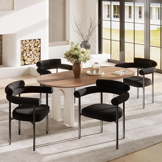 Modern Black Boucle Dining Chairs Set of 4 with Arms