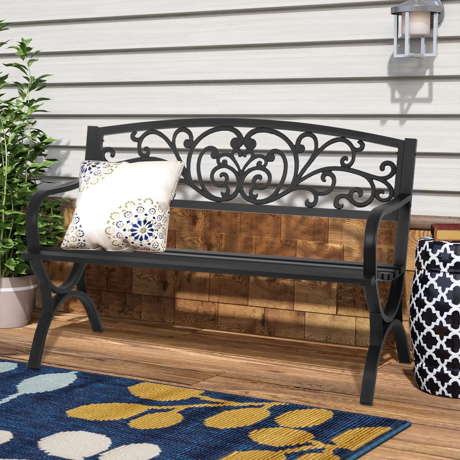 50 Inch Outdoor Metal Loveseat with Floral Backrest