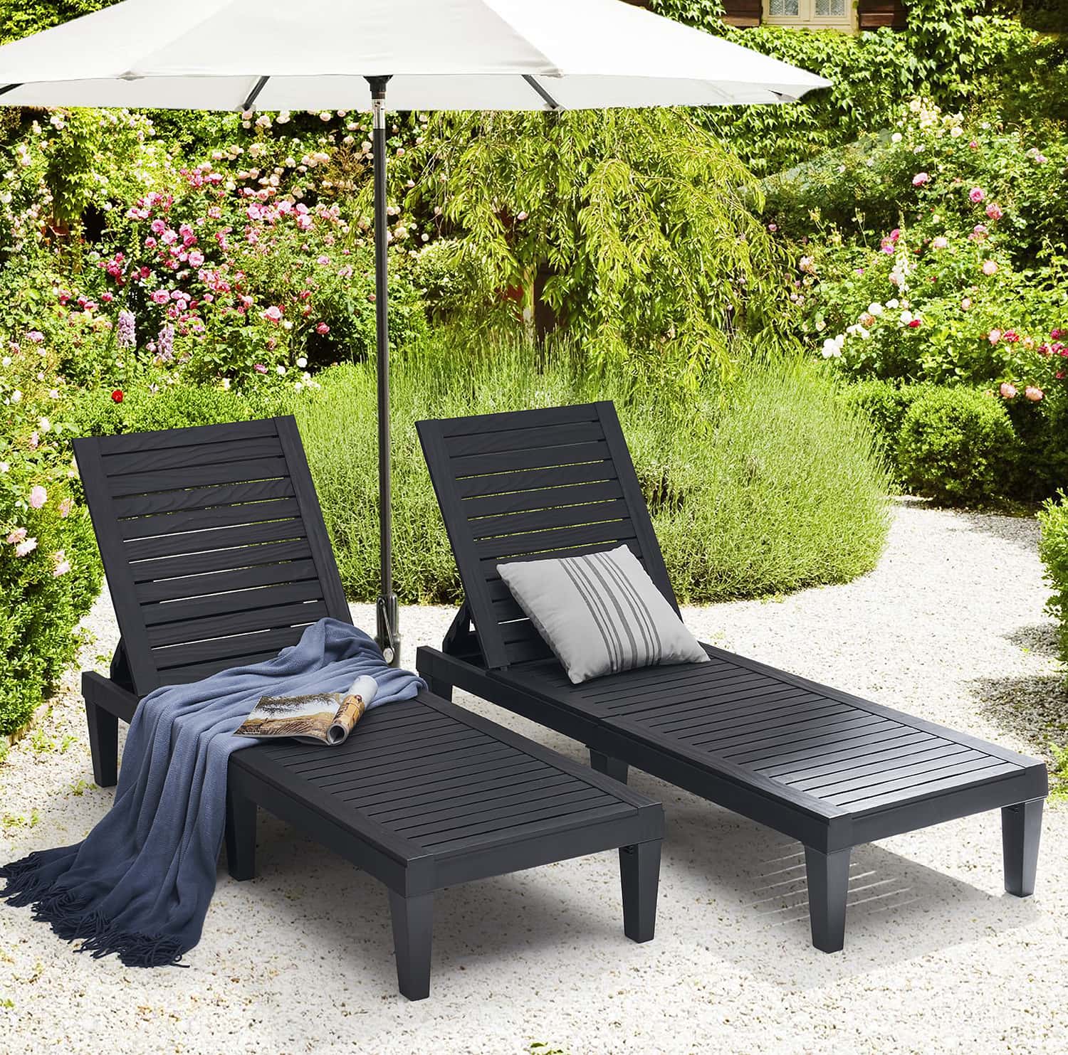 Black Chaise Lounge Chair Outdoor Set of 2 - 5-Position Adjustable
