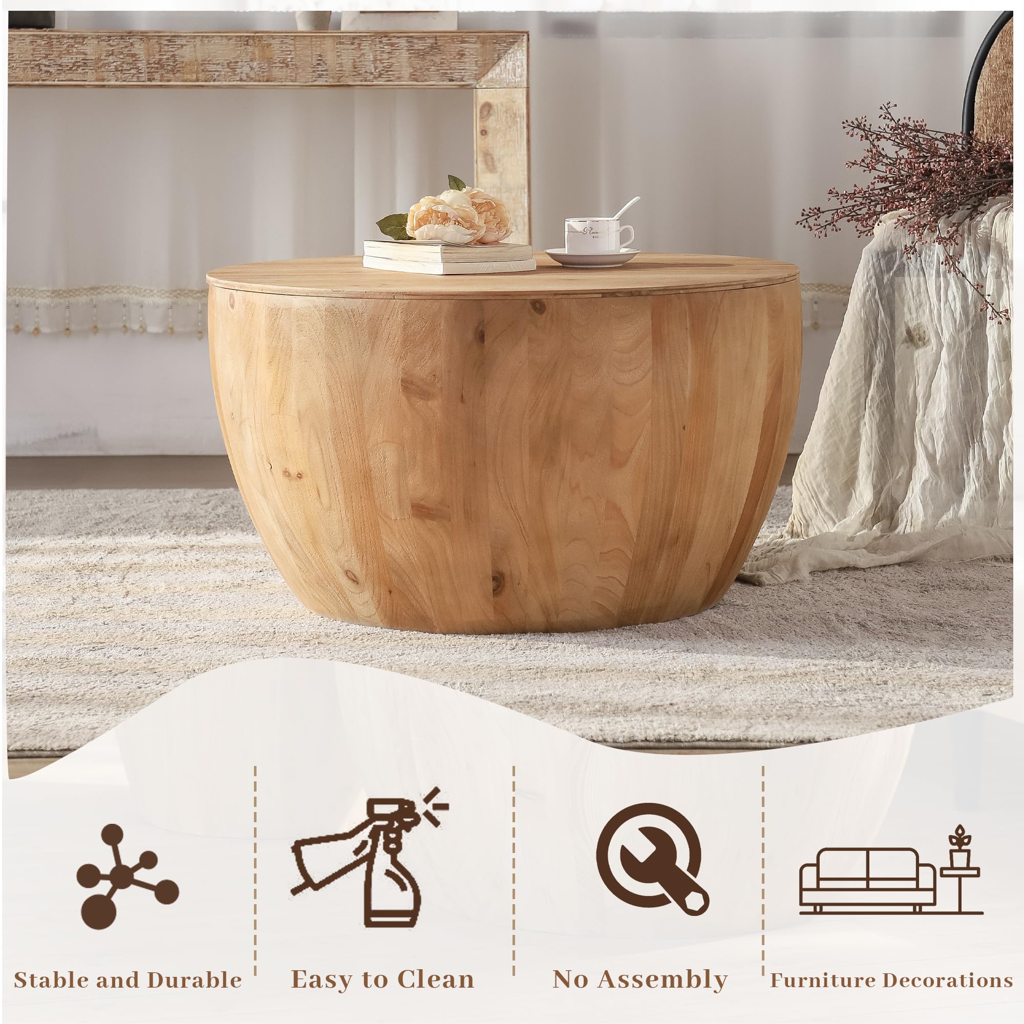 31.50" Round Drum Coffee Table with Storage