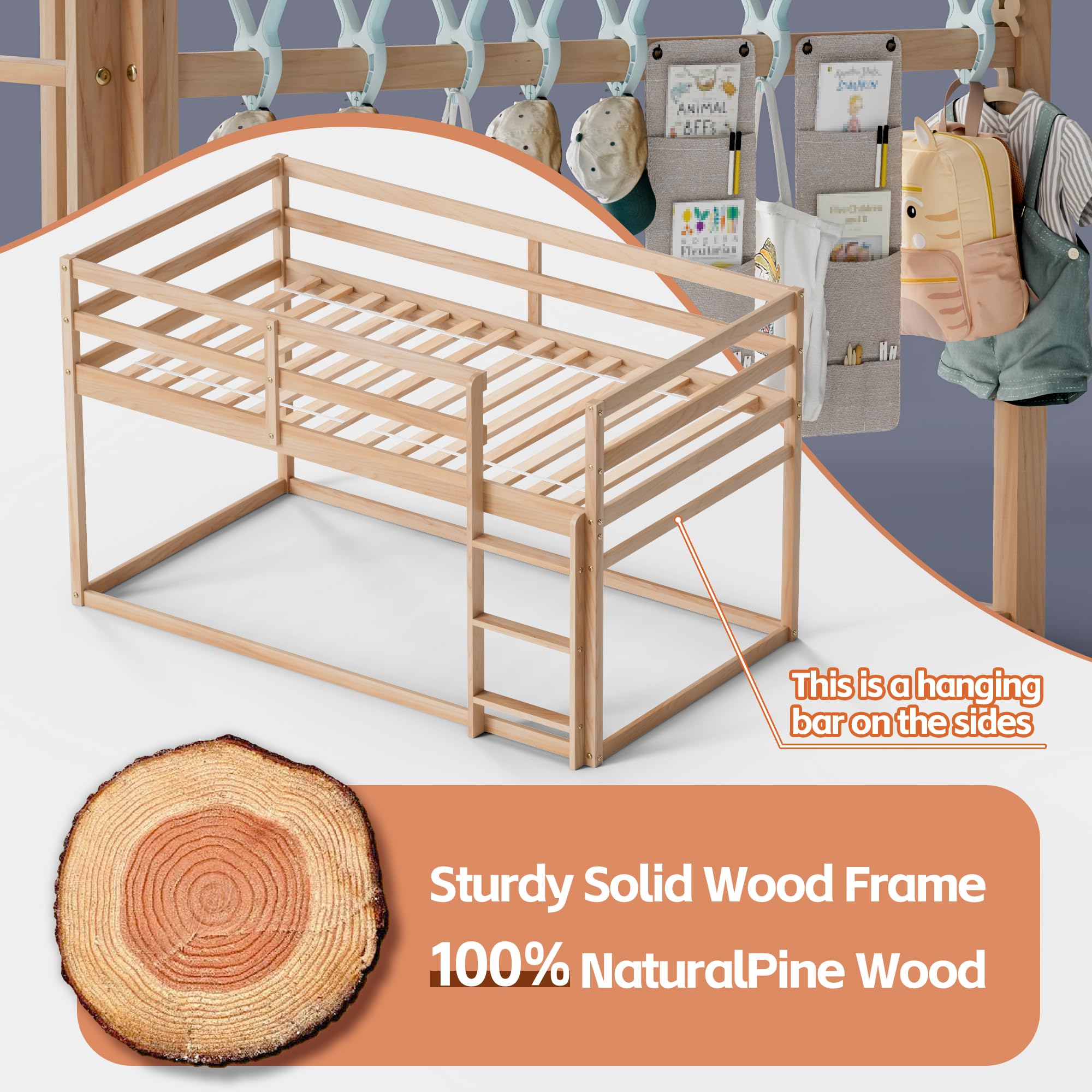 Low Bunk Bed Twin Over Twin with Ladder and Guardrails