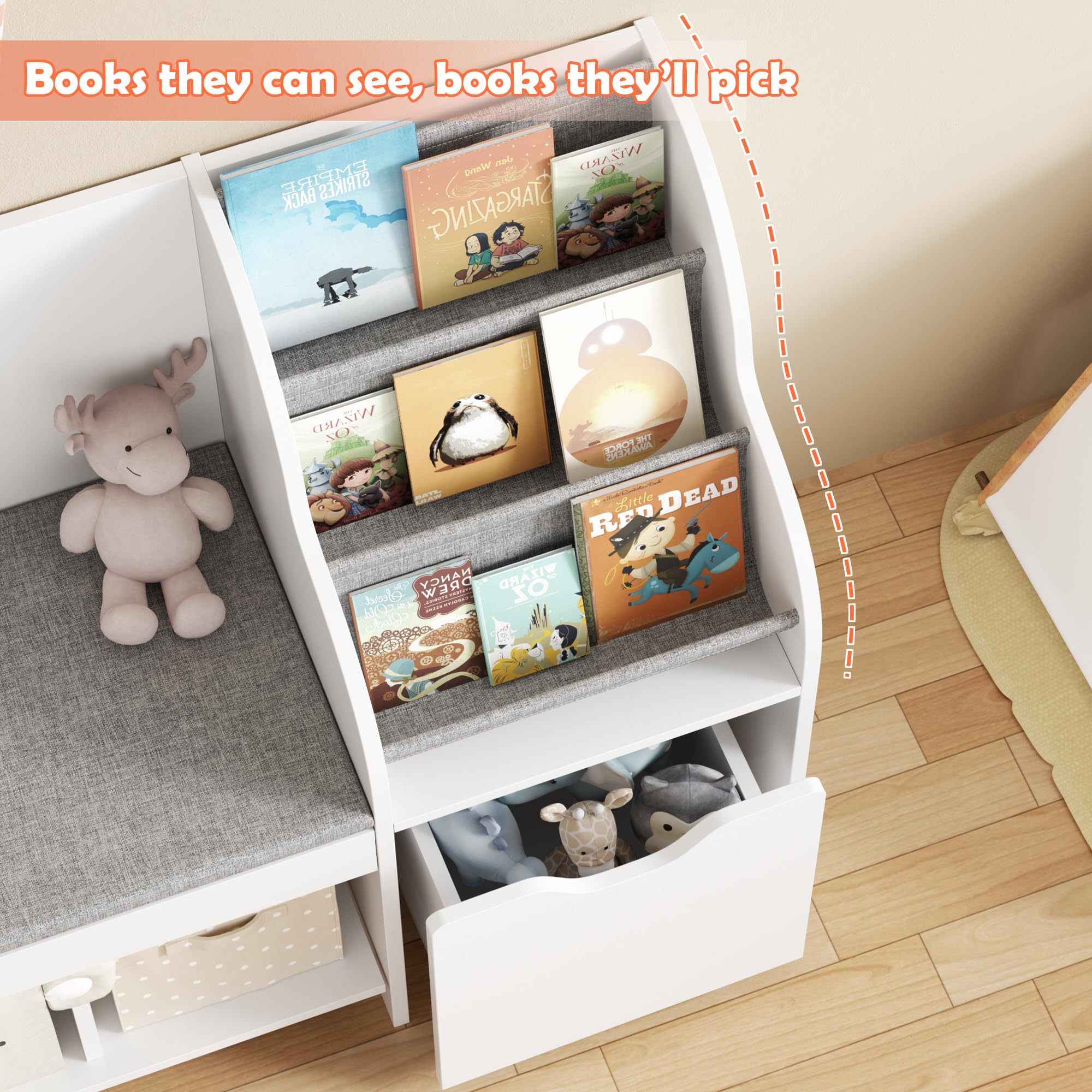 DTK Kids Reading Nook with Bench,Toy Storage Organizer with Stuffed Animals Holder,Kids Bookshelf with Seat Cushion,3 Storage Cubbies and Toy Box on Wheels for Playroom,Bedroom,Nursery,White