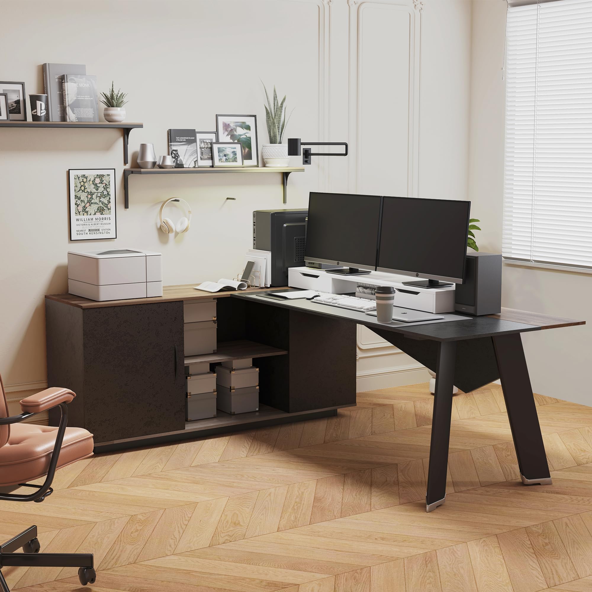 63-Inch L-Shaped Executive Desk with File Cabinet and Storage