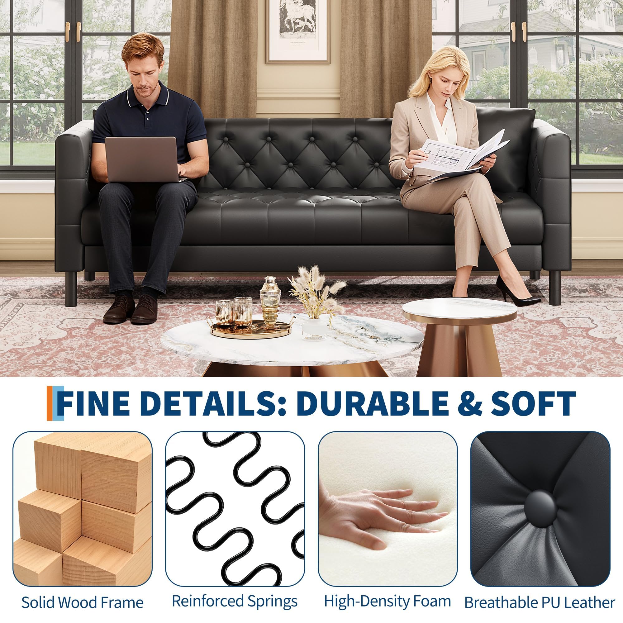 81" Leather Sofa Button-Tufted 3 Seater Chesterfield Couch