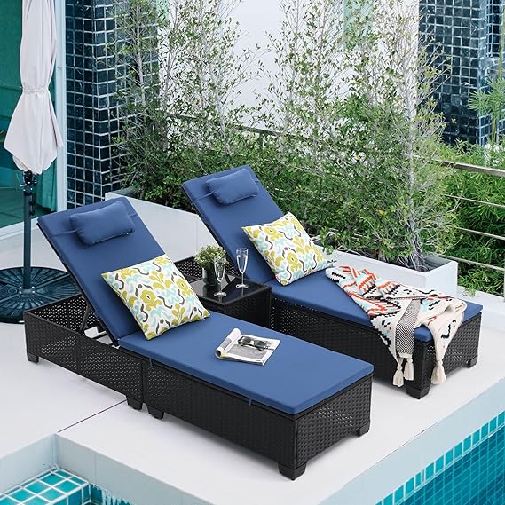 Outdoor Patio Wicker Chaise Lounge Set of 3 with Adjustable Backrest and Table